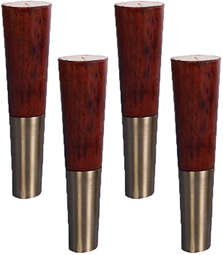 4 Pack Solid Wood Adjustable Furniture Legs with Brass Sleeve - Conical Straight Replacement Feet for Sofa, Bed, Cabinet, Chair & Couch - Perfect for Home Office, Living Room & Bedroom Furniture Upgrade
