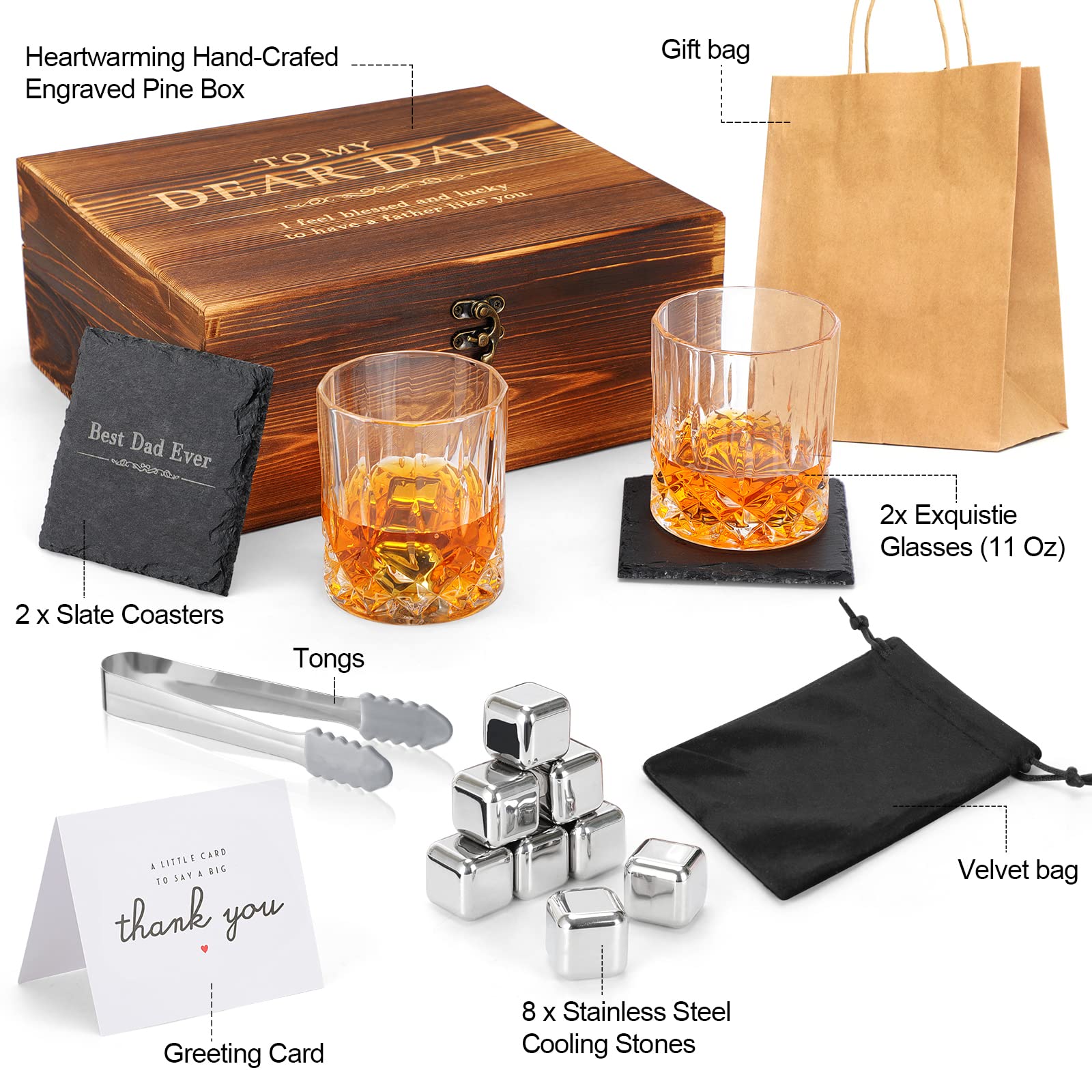 Whiskey Stones Gift Set for Men - Stainless Steel Bourbon Chilling Rocks for Dad, Perfect Birthday, Father's Day & Anniversary Gift from Daughter, Son or Wife - Ideal for Home Bars & Whiskey Enthusiasts