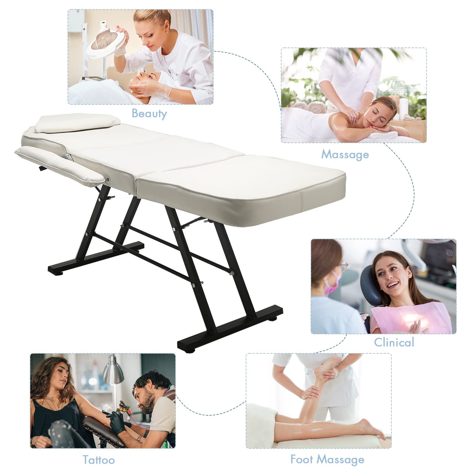 Vanimeu White Adjustable Massage Table with Stool - 3-Section Salon Tattoo Lash Bed, Removable Armrests & Headrest for Spa, 185x85x65cm - Perfect for Massage Therapy, Beauty Salon, Tattoo Parlor & Home Use