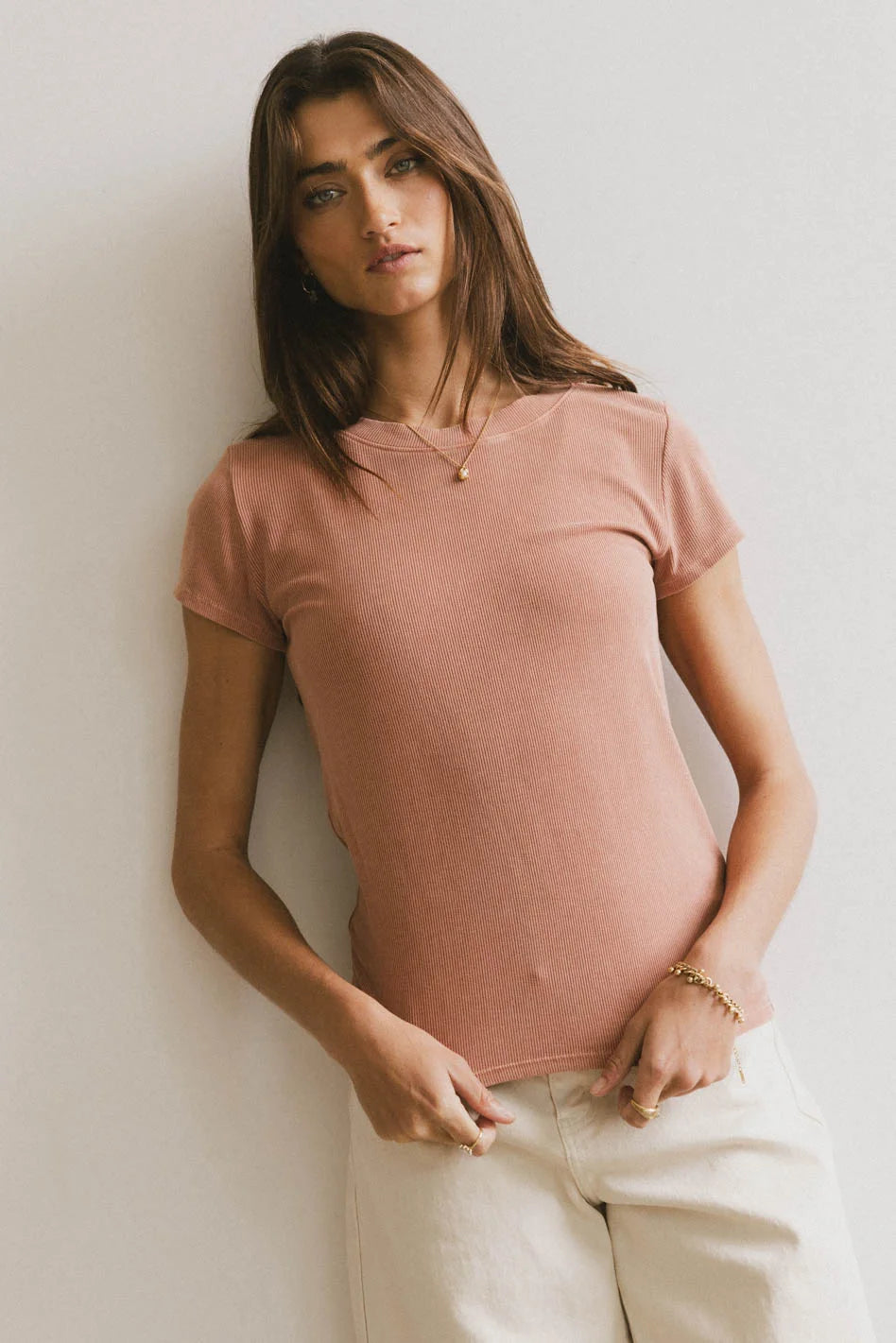 Opal Ribbed Tee in Terracotta - Women's Casual Short Sleeve T-Shirt | Soft Stretch Cotton Blend | Perfect for Everyday Wear, Layering & Outfits