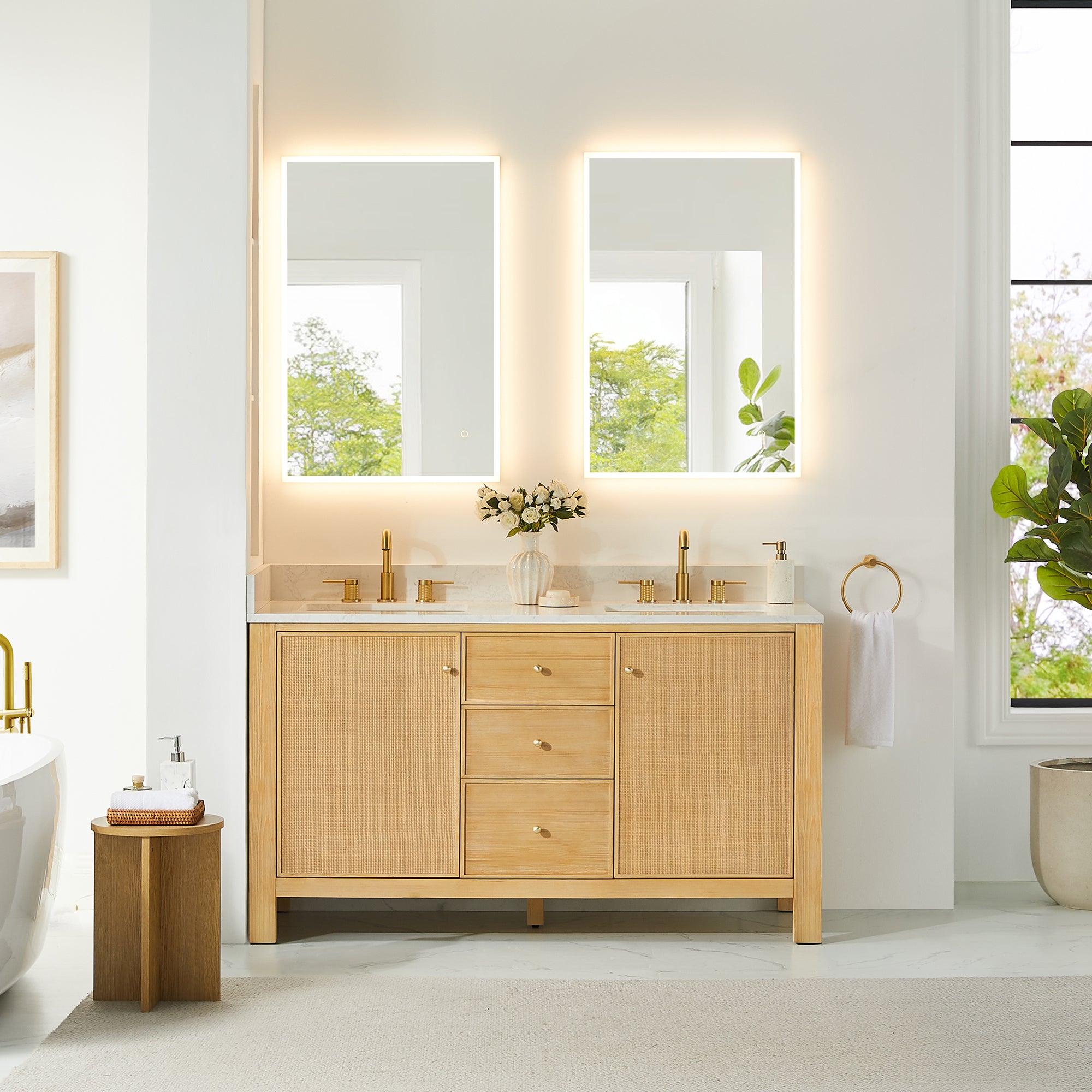 Natural Cedar Wood Bathroom Vanity with White Engineered Stone Countertop - Rustic Farmhouse Style for Modern Bathrooms, Perfect for Home Renovation & Spa-Like Retreats