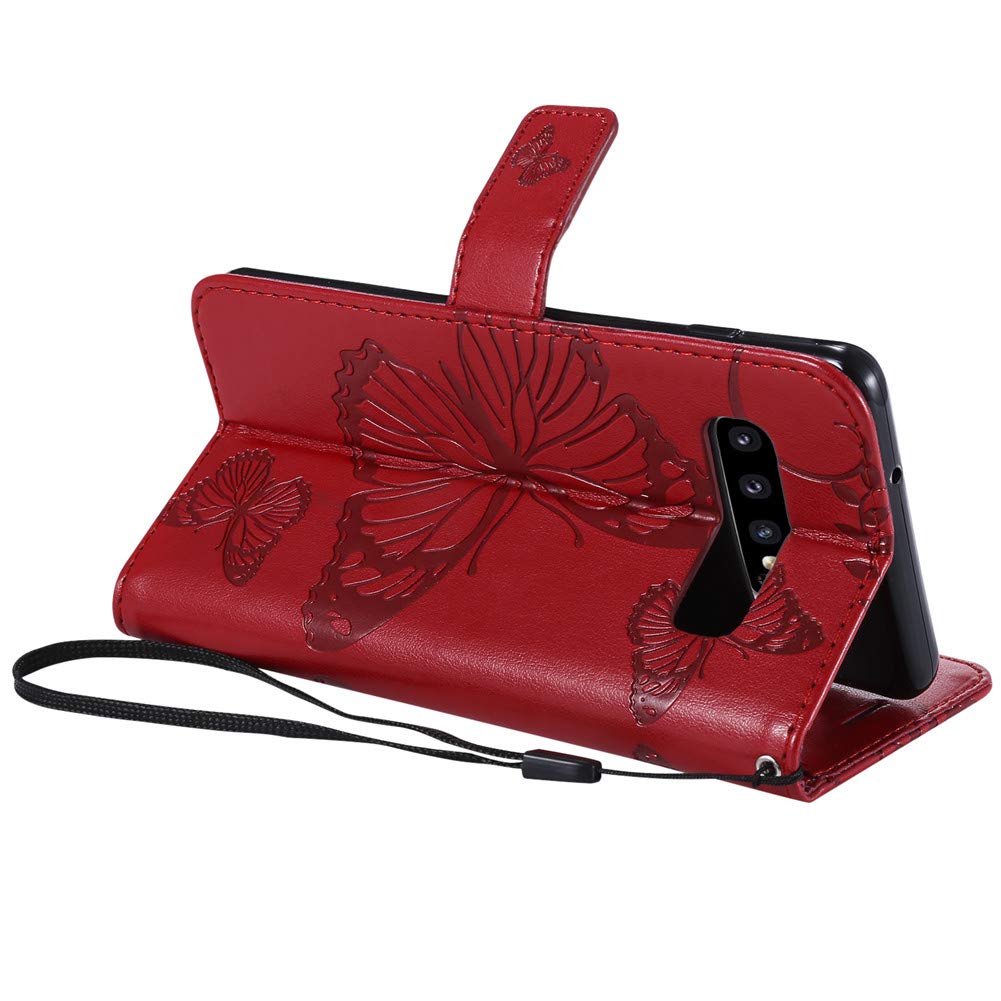 Samsung Galaxy S10 Butterfly Embossed Magnetic Clasp Wallet Case with Hand Strap - Stylish Red Protective Cover for Women, Perfect for Daily Use & Travel Accessories