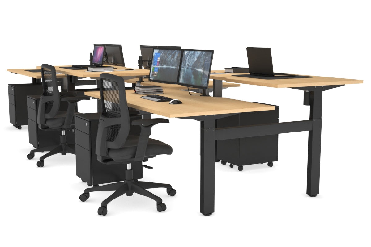 Just Right Height Adjustable 6-Person H Bench Workstation - Black Frame [1600L x 800W with Cable Management] - Perfect for Office, Coworking Spaces & Home Offices