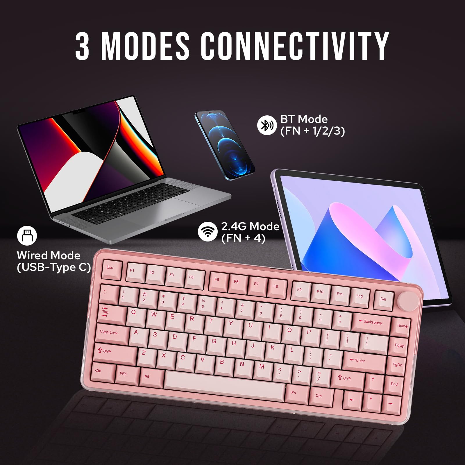 KiiBoom Breeze 75 75% Compact Wireless Mechanical Gaming Keyboard - CNC Aluminum & Acrylic Frame, USB-C/BT5.0/2.4GHz Connectivity, Gasket Mount, RGB Backlit, 8000mAh Battery for Windows/Mac (Pink) - Perfect for Gaming, Office Work, and Typing Enthusiasts