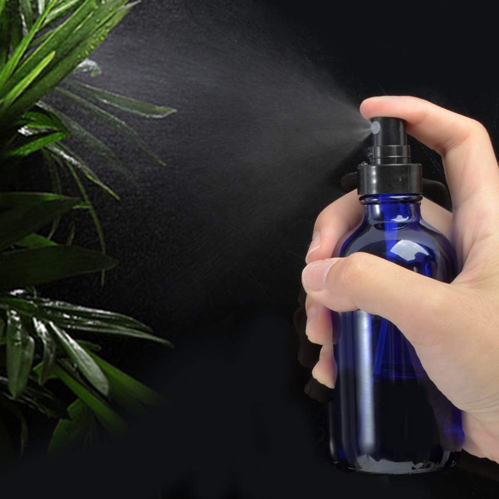 STARSIDE 16 Pack 4oz (120ml) Blue Glass Spray Bottles with Fine Mist Nozzle & Dust Cap - Refillable for Essential Oils, Perfume, Cleaning Solutions - Includes 1 Brush, 2 Funnels, 2 Droppers & 18 Labels - Perfect for DIY, Home, Salon & Travel Use