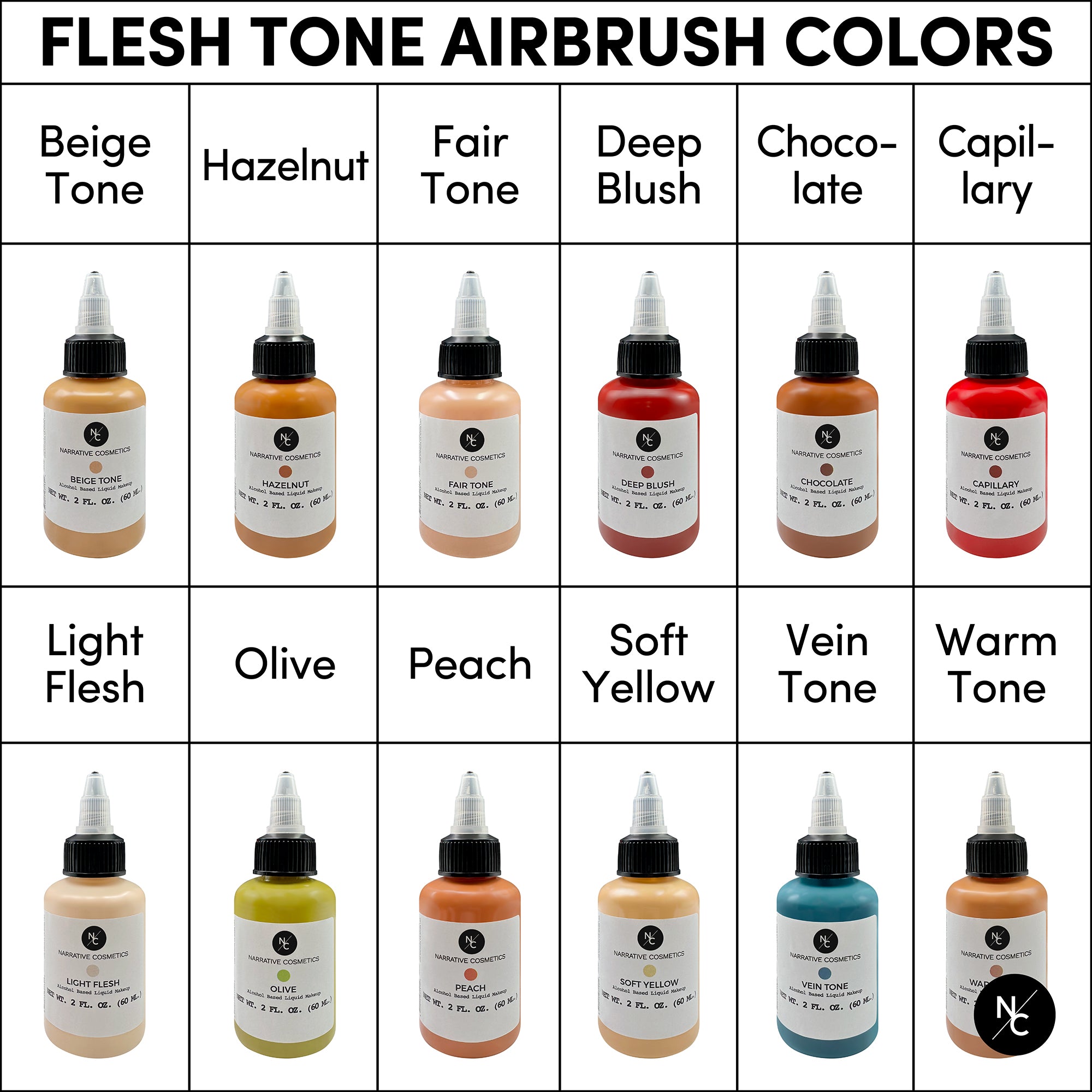 Flesh Tone Alcohol Airbrush Paints - 2 fl oz (60ml) Professional Body Art & Cosmetic Makeup for Face Painting, Tattoo Practice, Special FX - Perfect for Halloween & Cosplay