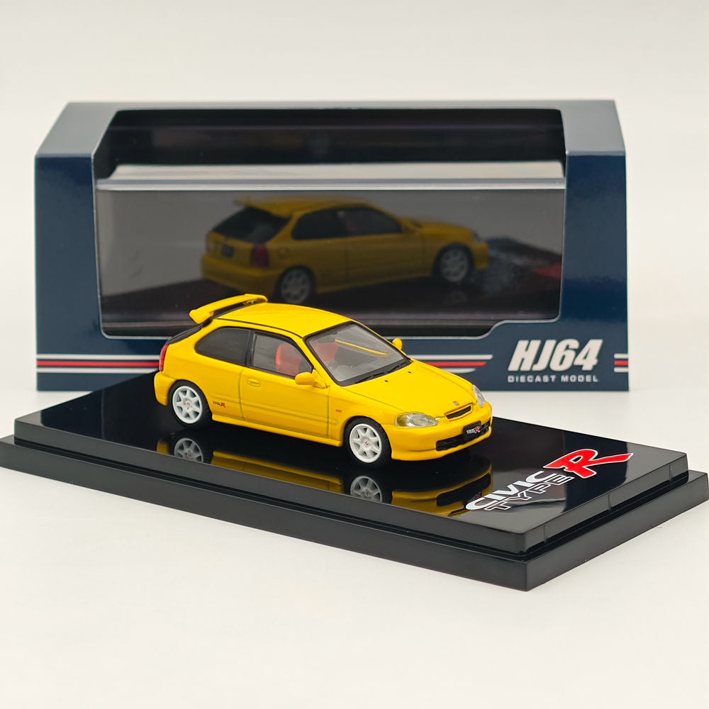 1/64 Honda Civic Type R (EK9) 1997 Sunlight Yellow Diecast Model Car with Engine - Collectible Hobby Japan HJ643016AY - Perfect for Car Enthusiasts & Display Collections