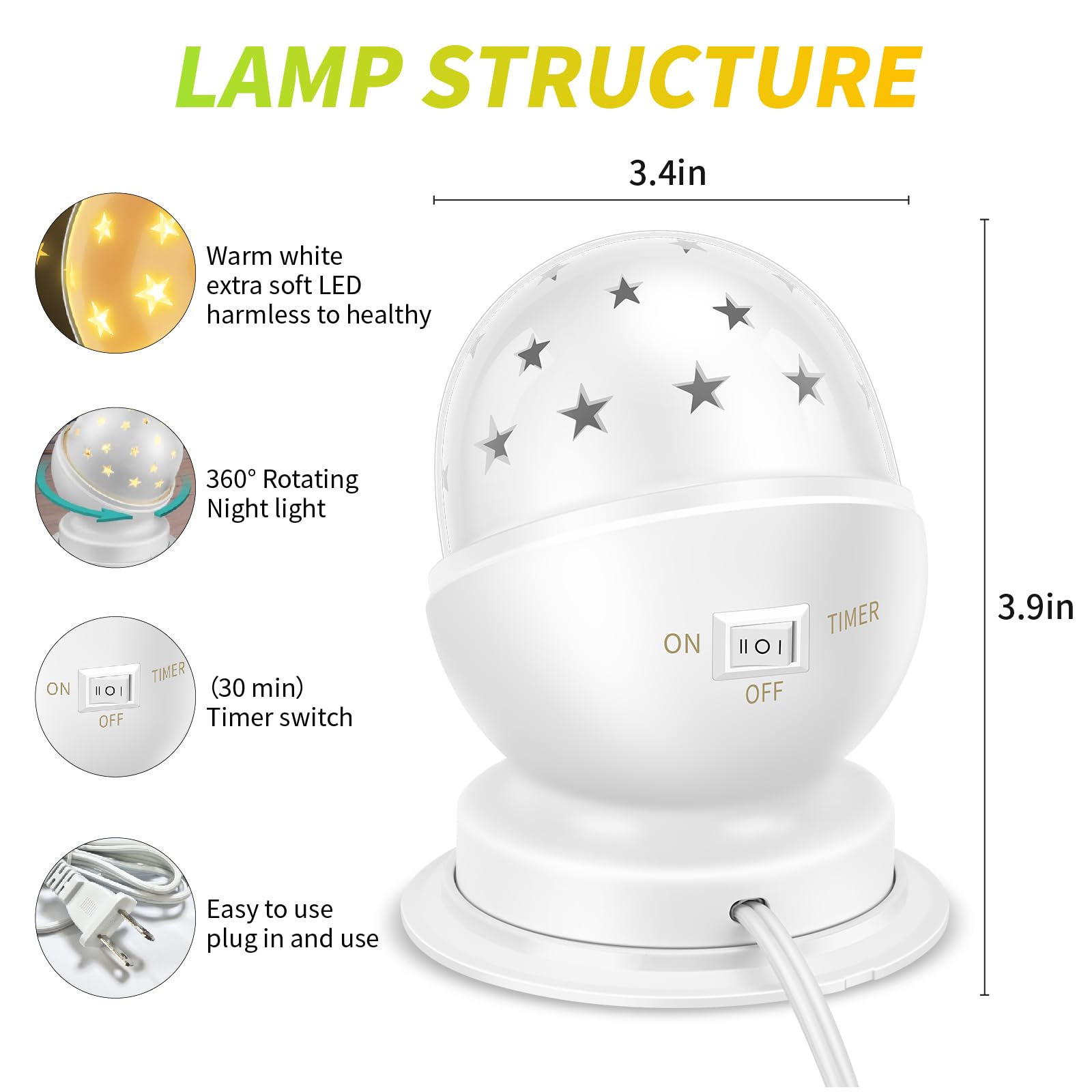 Star Night Light for Kids - Plug-in Night Light with Timer, 3000K Warm White (1 Pack) - Perfect for Bedrooms, Nurseries & Kids' Rooms