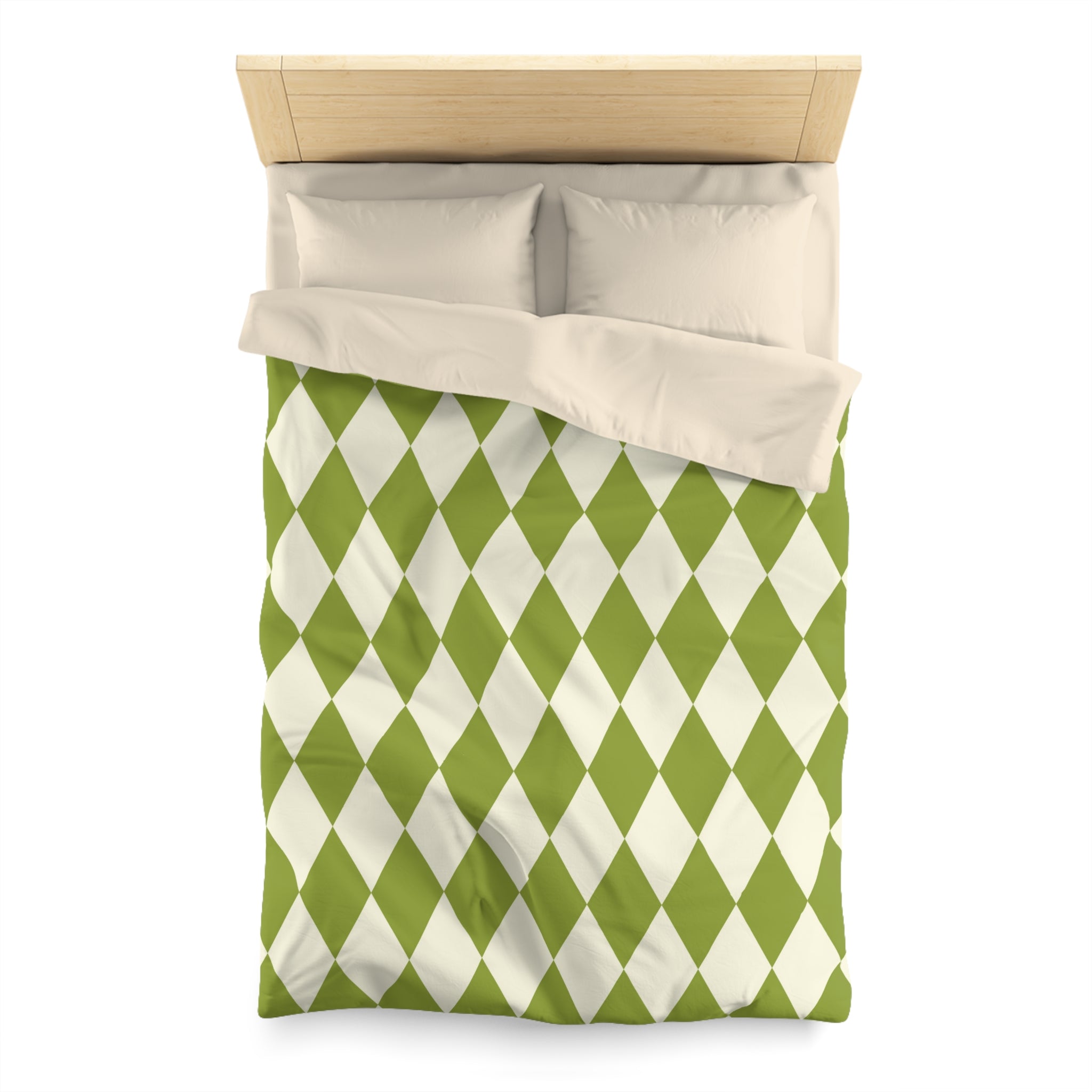 Harlequin Microfiber Duvet Cover Set - Green & Off White Diamond Pattern Bedding - Soft Queen/King Size Duvet Cover for Cozy Bedroom Decor