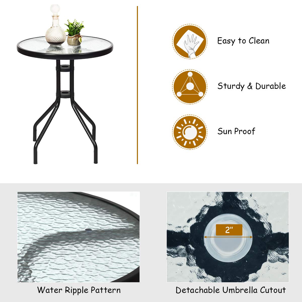 HAPPYGRILL 3-Piece Outdoor Patio Dining Set with Round Tempered Glass Table & Foldable Chairs, Garden Poolside Backyard Furniture Set with Umbrella Hole - Perfect for BBQs, Parties, and Relaxing Outdoors