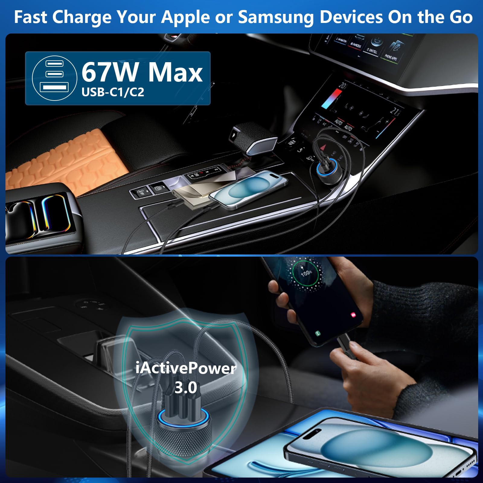 MFi Certified 67W 3-Port USB-C Car Charger for iPhone 15/Pro - Fast PD/QC Charging with Braided Cable - Compatible with Galaxy S24/S23/Pixel - Perfect for Road Trips & Daily Commutes