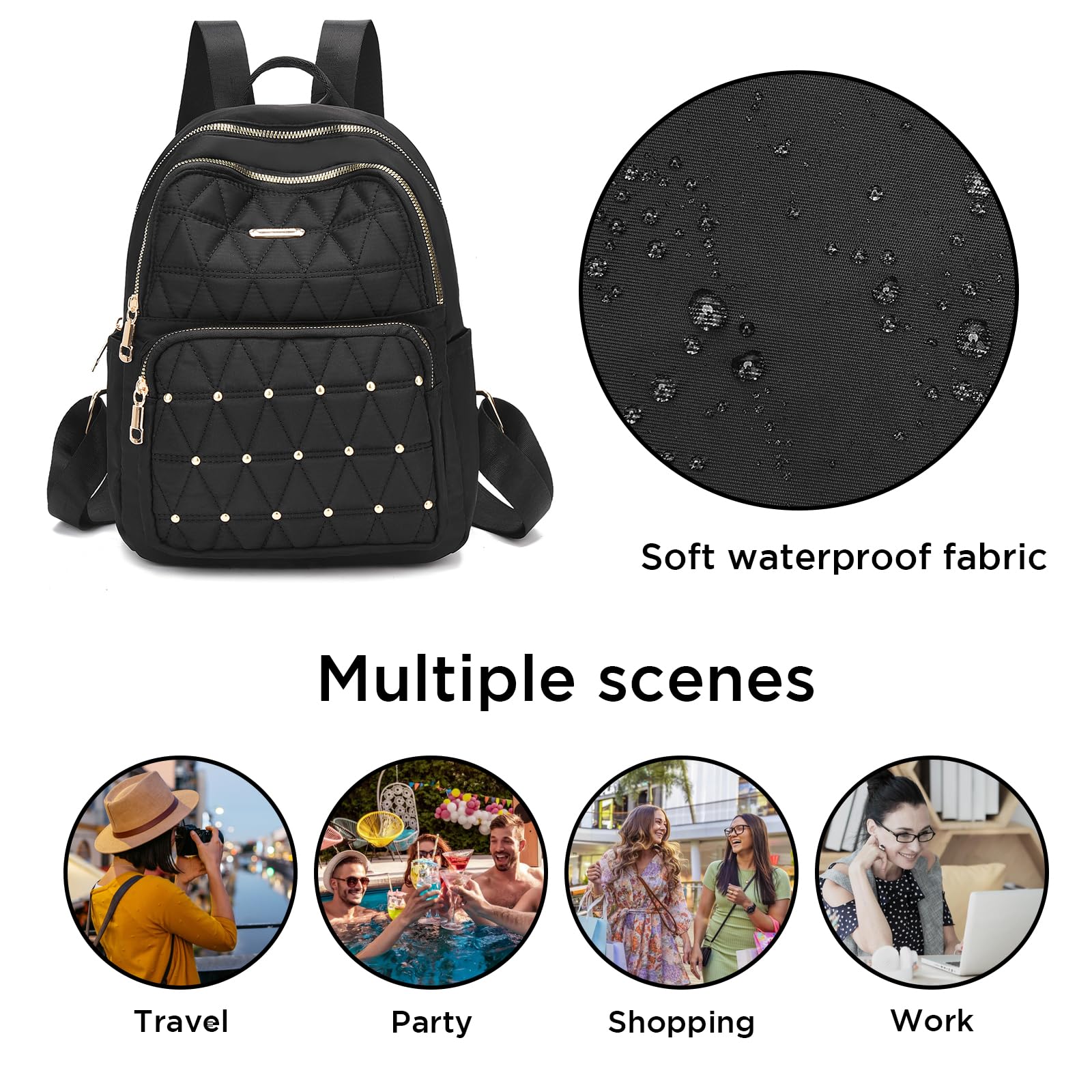 IHAYNER Mini Backpack for Women - Lightweight Nylon Shoulder Bag for Travel, College & Work - Stylish Casual Daypack with Rivets (Black) - Perfect for Daily Commute, Weekend Outings & School Essentials