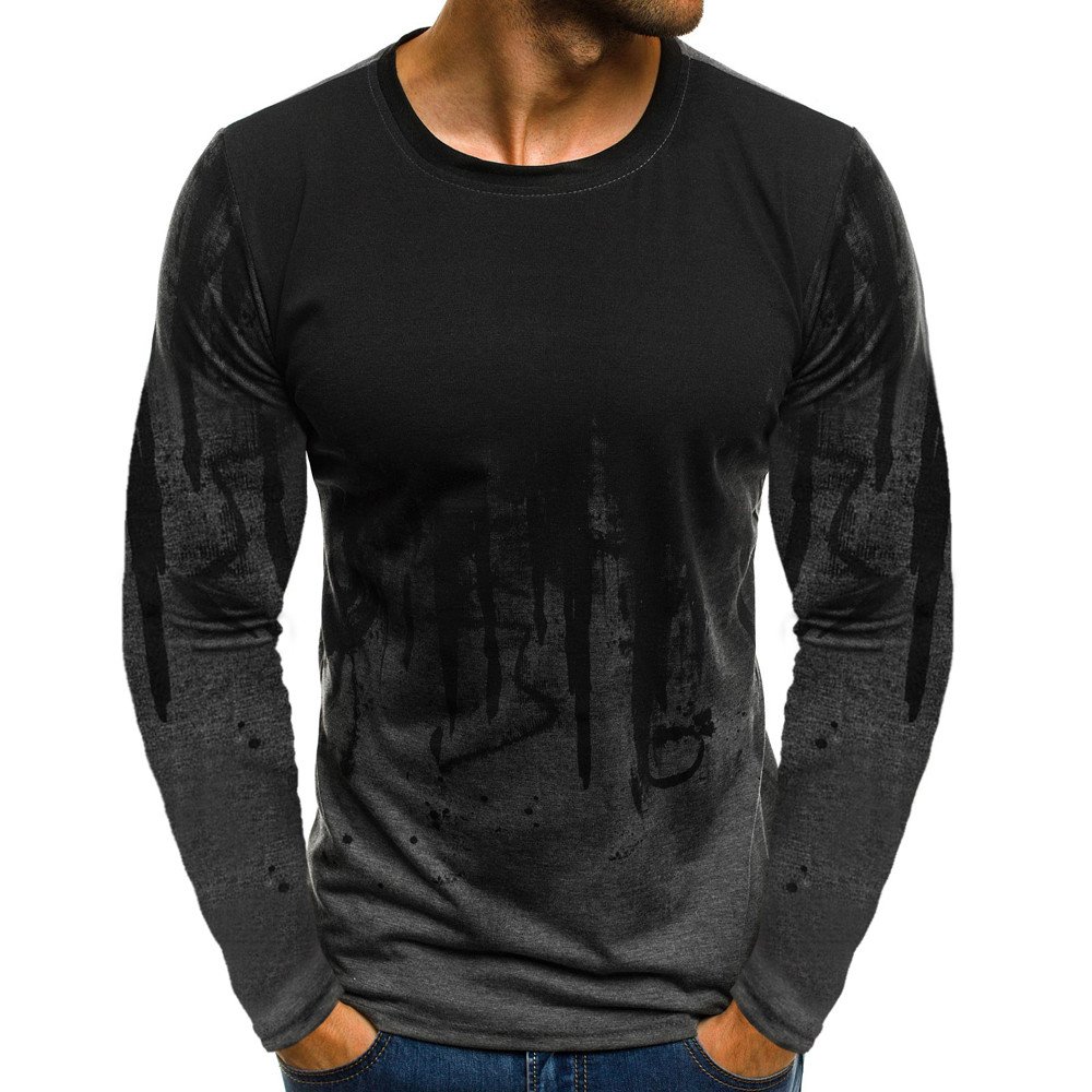Men's Long Sleeve Casual 3D Print Crew Neck Slim Fit T-Shirt - Black Pullover Top for Everyday Wear, Street Style & Layering