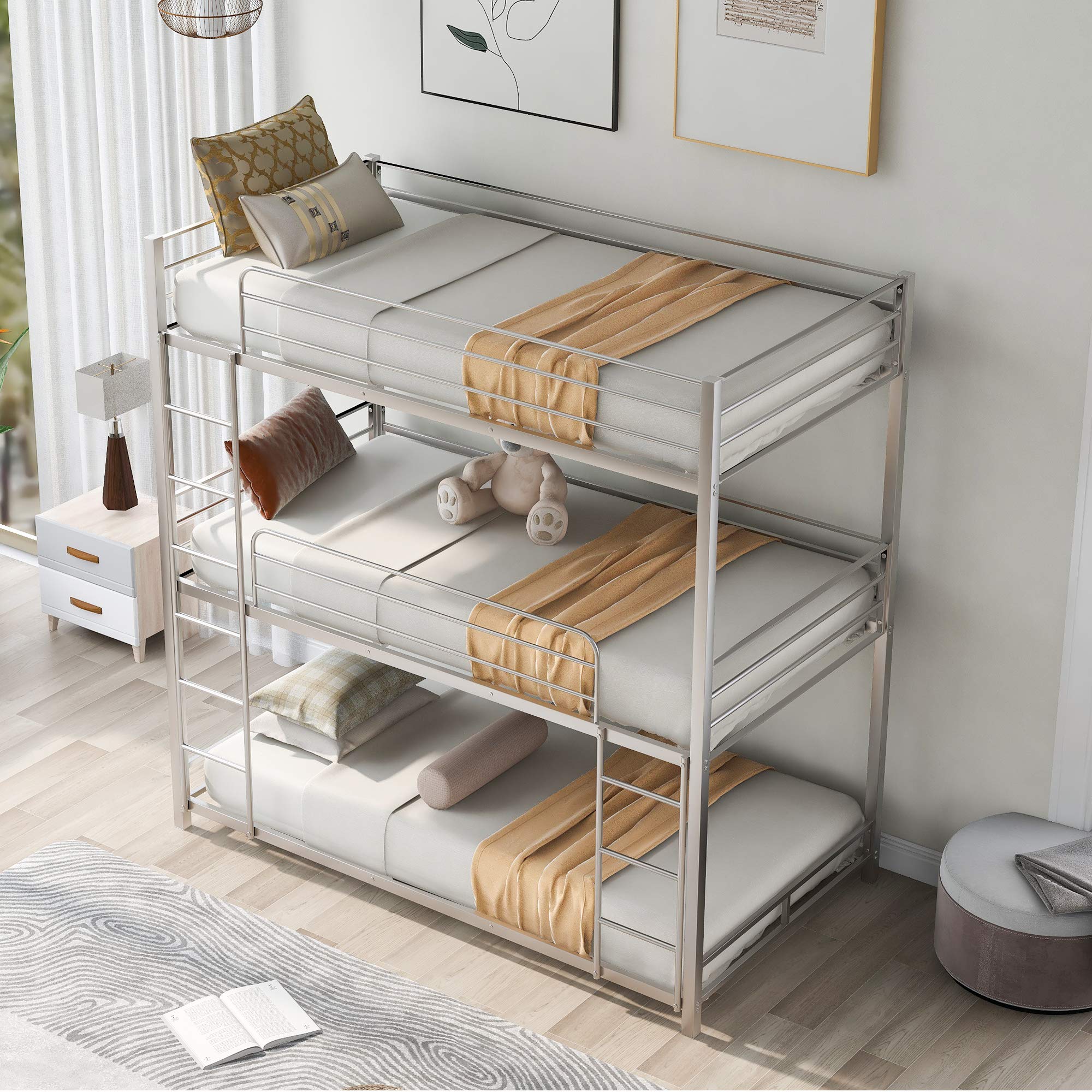Sturdy Metal Triple Bunk Bed Frame - Twin Over Twin Over Twin with Safety Guardrails & Built-in Ladder for Kids & Teens (Silver) - Perfect for Small Bedrooms, Dormitories & Vacation Homes
