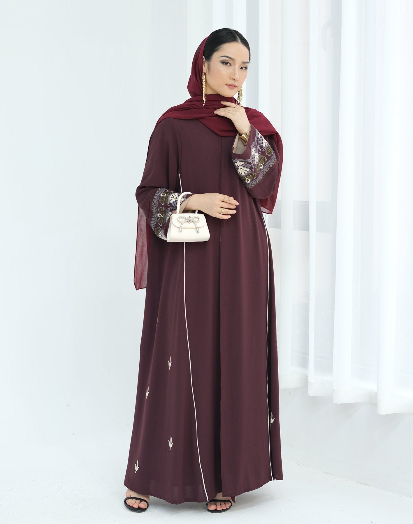 Elegant Asha Embroidered Open Abaya Kimono Dress in Wine Red - Perfect for Muslim Women's Prayer, Special Occasions & Evening Wear