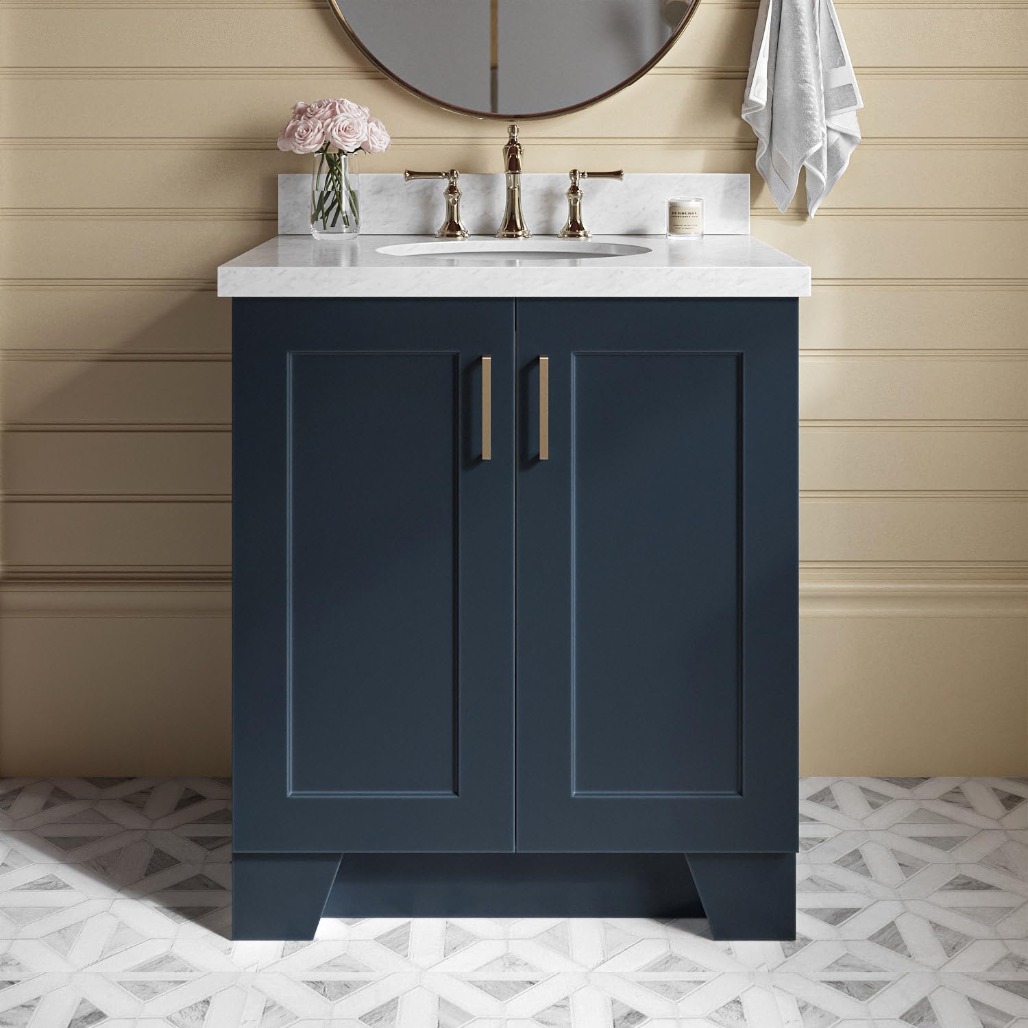 Midnight Blue Bathroom Vanity with Sink - Solid Wood Cabinet & Marble Top for Modern Bathrooms
