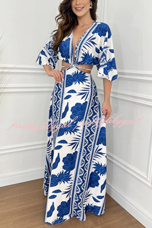 Wilma Unique Print Cutout Elastic Waist Tie Up Kimono Sleeve Maxi Dress - Women's Flowy Summer Beach Cover Up Dress for Vacation, Party & Boho Fashion