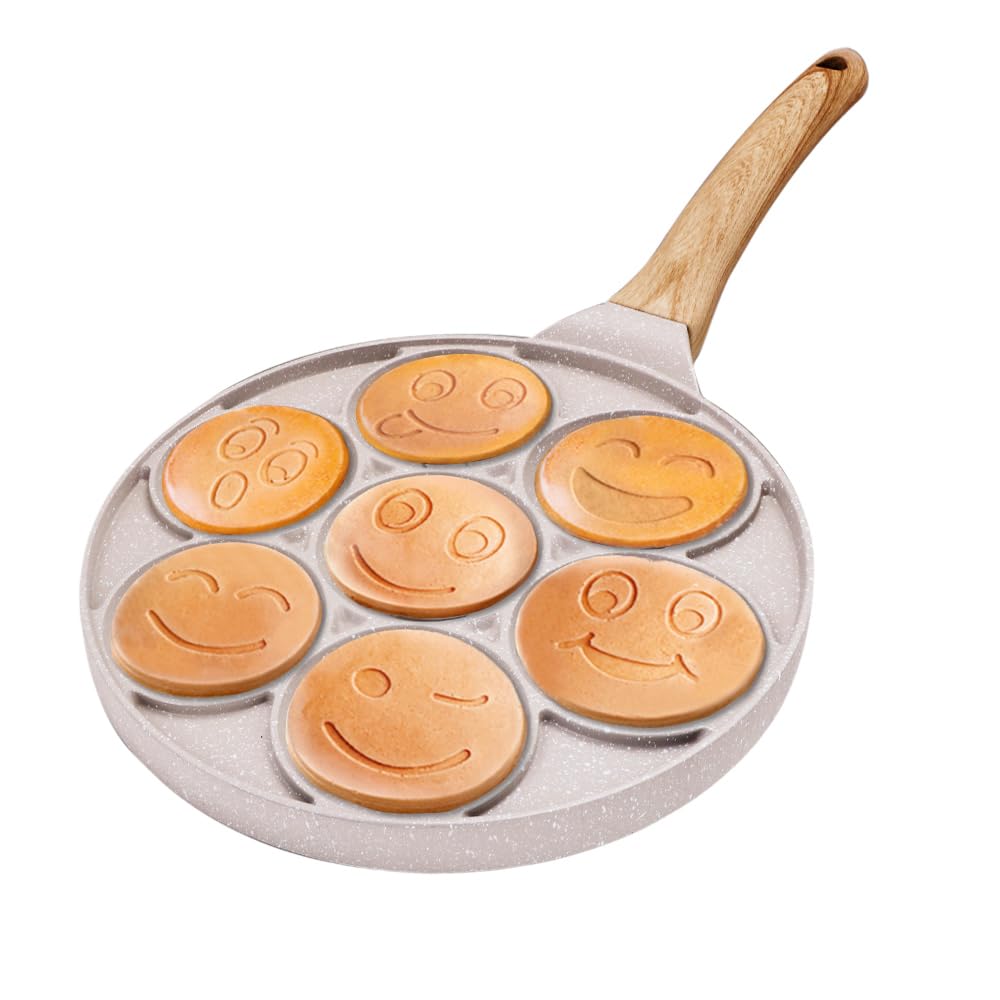 10 Inch Smiley Face Pancake Pan - Nonstick Mini Pancake Maker with 7-Cup Mold, Silver Dollar & Blini Pan, PFOA-Free Breakfast Griddle for Kids & Family - Perfect for Birthday Parties, Weekend Brunches & Fun Breakfasts (White)
