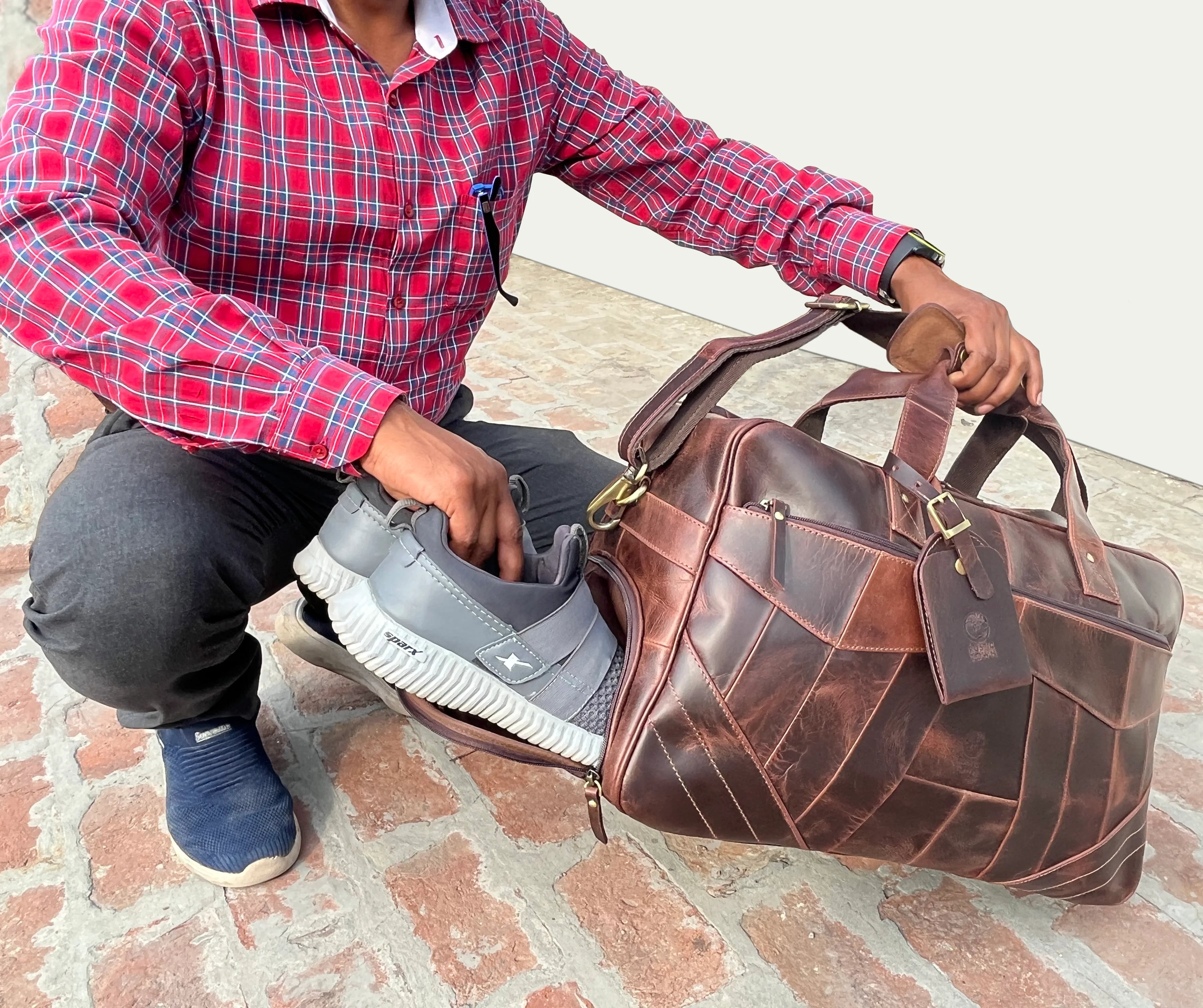 Premium John Leather Travel Duffle Bag with Shoe Compartment - Walnut Brown - Perfect for Gym, Weekend Getaways & Business Trips