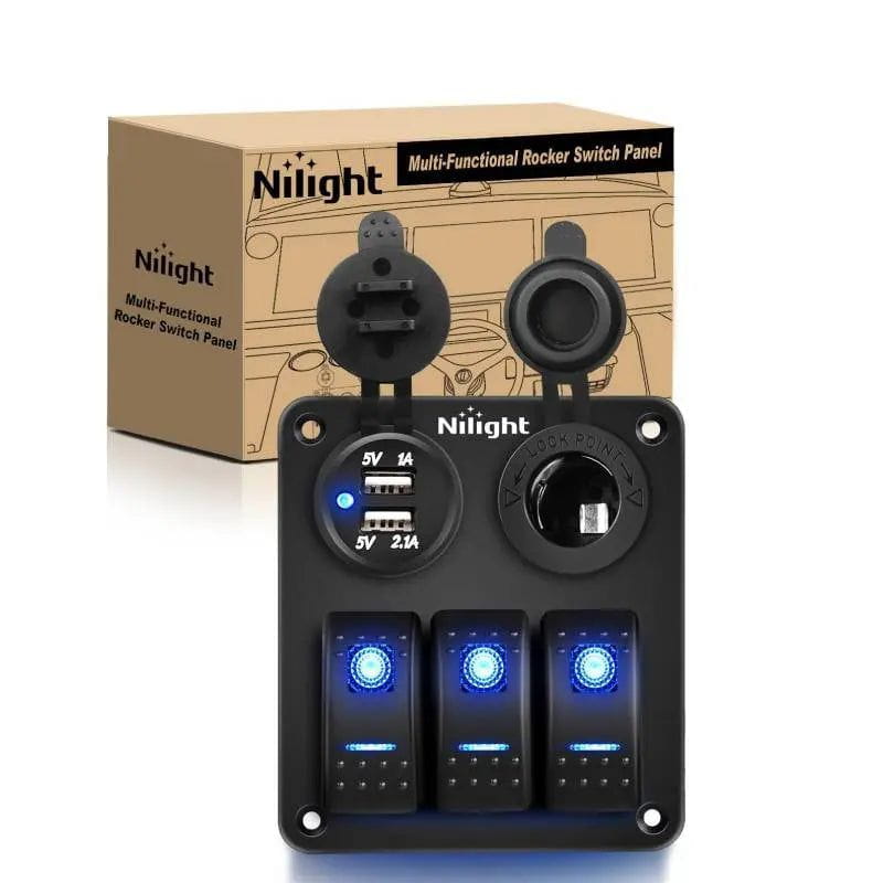 3 Gang Aluminum 5 Pin ON/Off Blue LED Rocker Switch Panel with Dual USB Charger & Cigarette Lighter Socket - Perfect for Marine, RV, Truck, and Off-Road Vehicle Electrical Systems