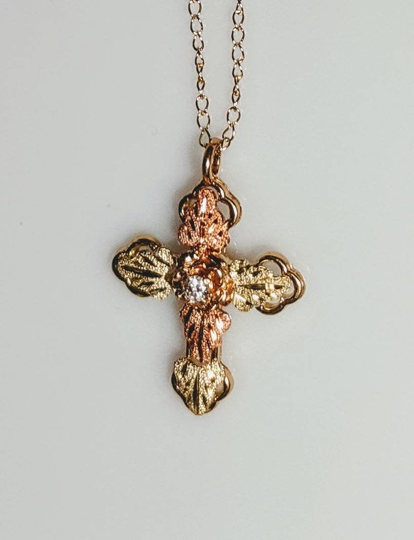 10kt Solid Gold Three-Tone Five-Leaf Cross Pendant with Natural Diamond Accent & Red/Green Enamel Leaves - Includes 18