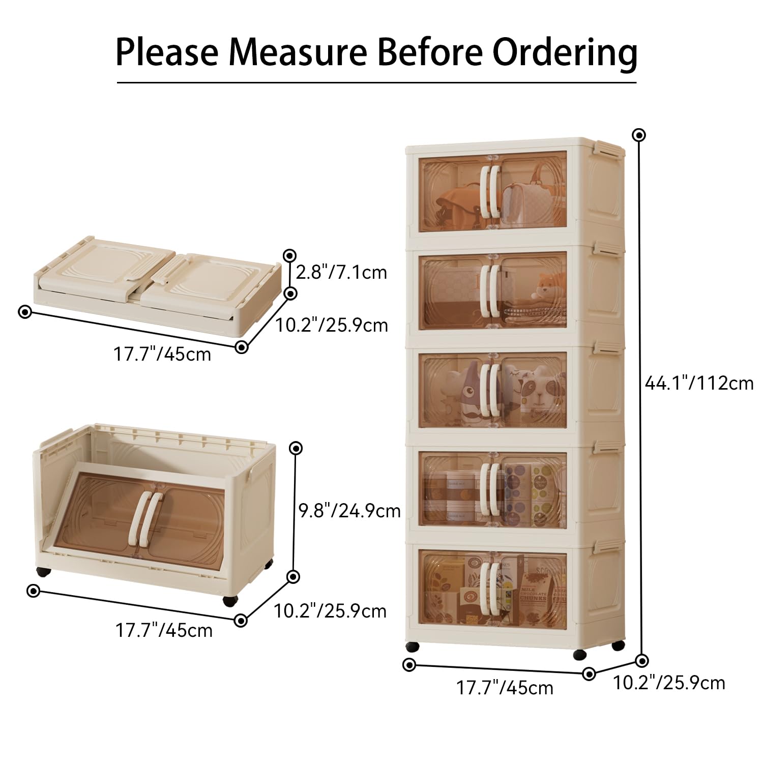 Karramlili 160 Qt Stackable Storage Bins - 5-Tier Plastic Storage Cabinet with Magnetic Doors & Wheels (17.7