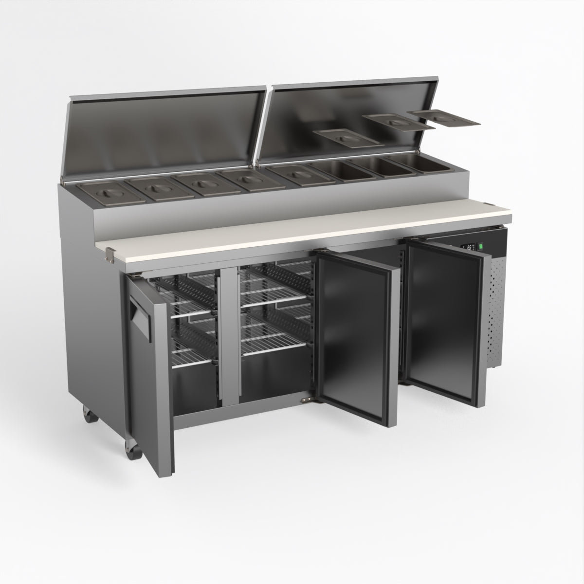 AG 3 Door Commercial Saladette Refrigerator - Holds 8 x 1/3 GN Food Storage Trays - Perfect for Restaurants, Delis & Catering Businesses