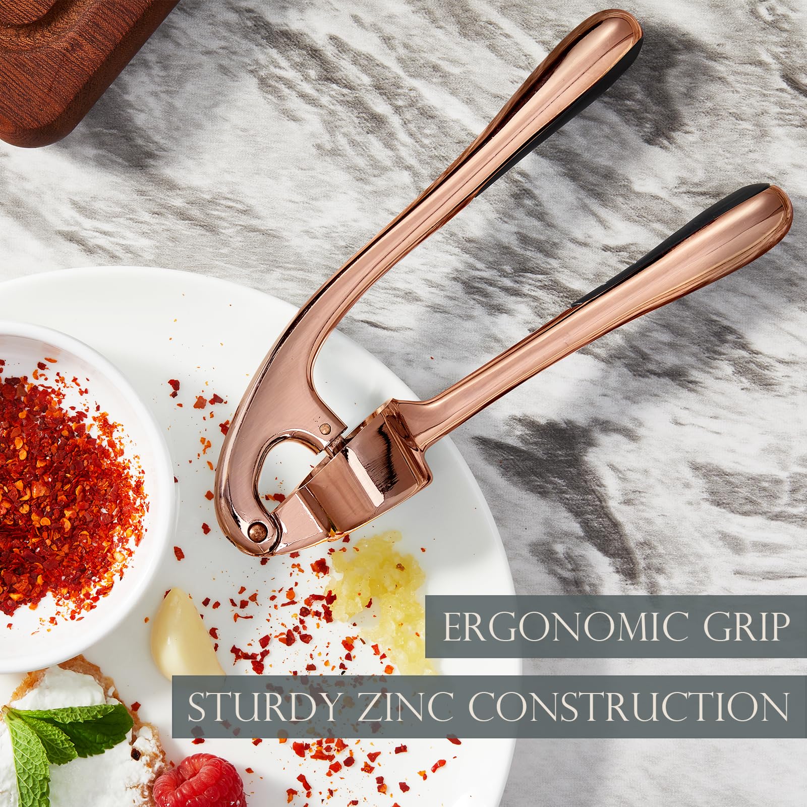 Premium Stainless Steel Garlic Press - Professional Garlic Mincer & Ginger Crusher - Easy Squeeze & Clean - Rust Proof & Dishwasher Safe - Antique Copper Finish - Perfect for Cooking, Meal Prep & Restaurant Use
