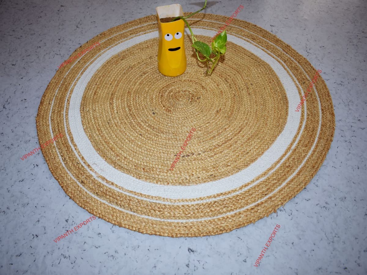 Vipanth Natural Jute Rug Handmade Round Area Rug - 9 Feet (108x108 Inches) Braided Home Decor Rug in Beige & White - Perfect for Living Room, Bedroom, or Boho Chic Interior Design
