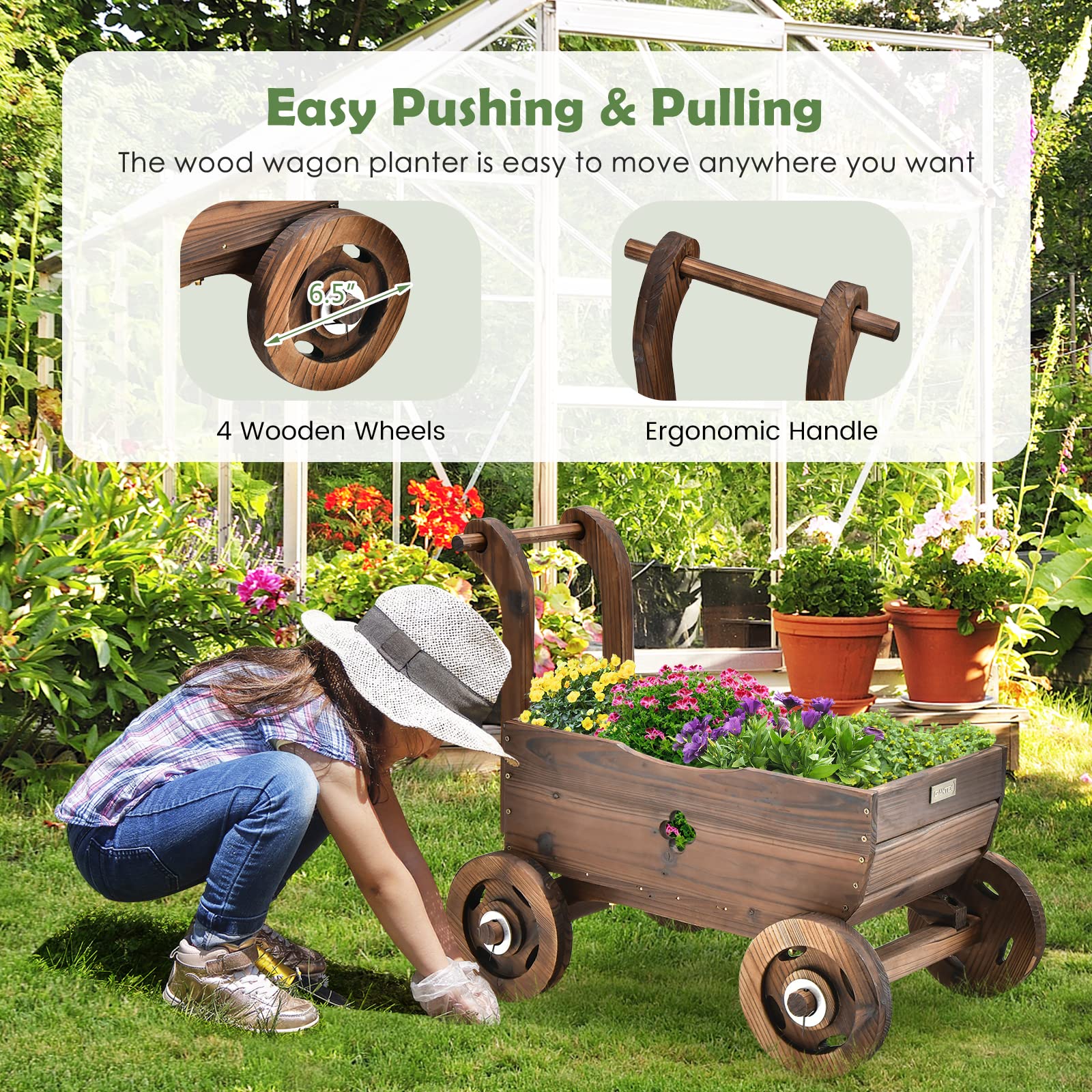 Giantex Wooden Wagon Planter with Wheels & Handle - Rustic Mobile Raised Garden Bed with Drainage Holes - Decorative Flower Pot Cart for Indoor Outdoor Patio Balcony Decor - Perfect for Herbs Flowers Succulents in Home Garden Landscaping