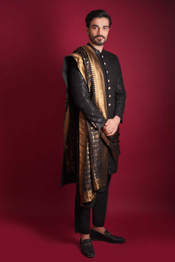 Elegant Jet Black Cordoba Artwork Sherwani for Men | Premium Embroidered Wedding Sherwani | Traditional Pakistani/Indian Formal Wear for Weddings, Festivals & Special Occasions