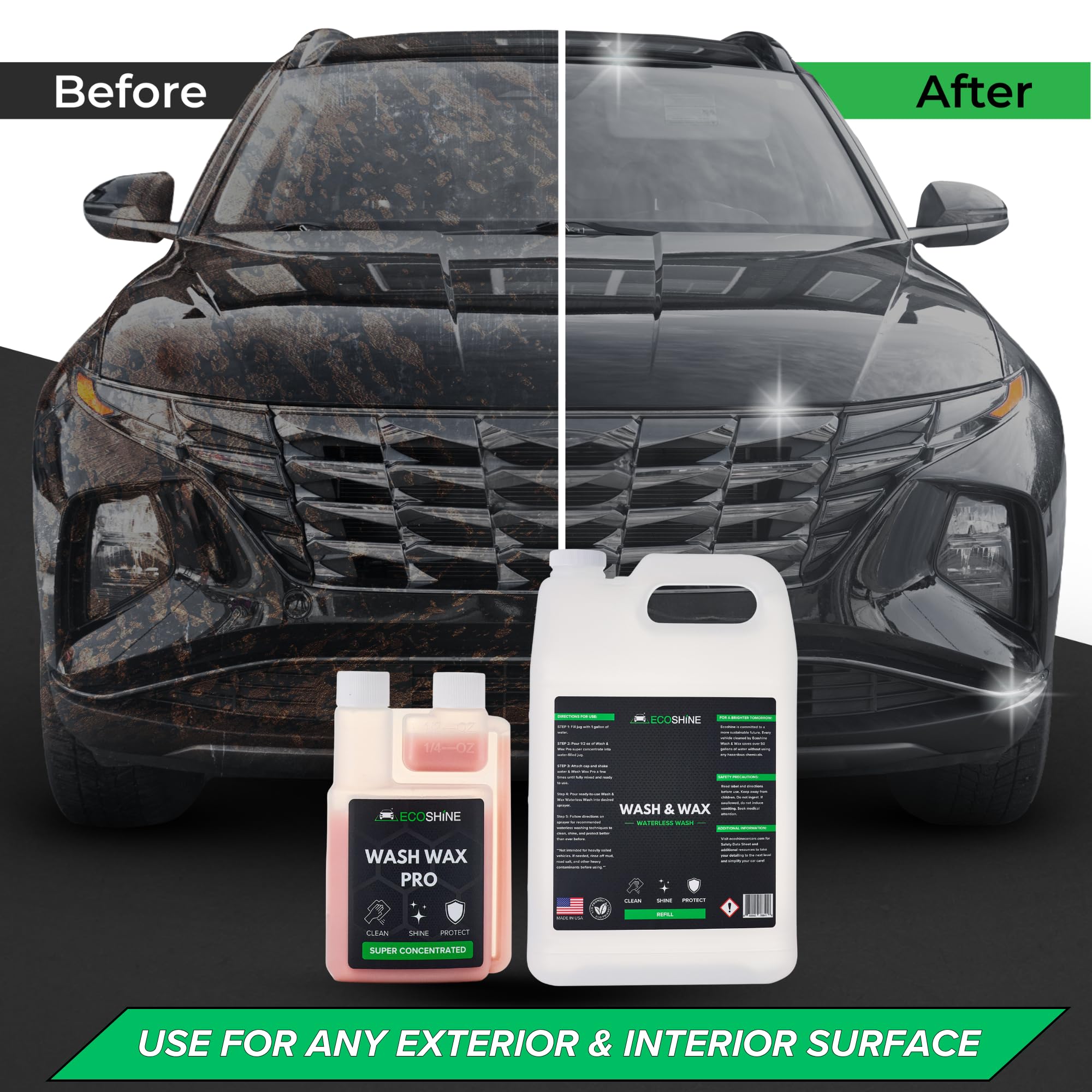 Eco-Friendly Waterless Car Wash Concentrate - Makes 16 Gallons of Spray Wax & Cleaner Solution for Exterior & Interior Detailing - Quick & Easy Car Cleaning for Home, Office & Travel Use