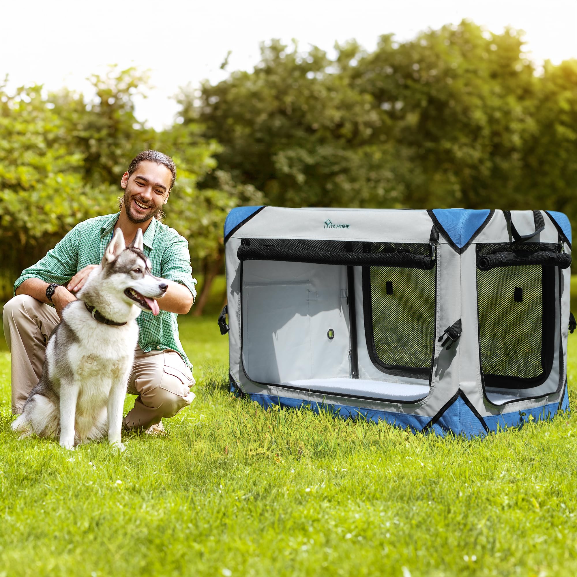 YITAHOME 4-Door Collapsible Dog Crate - Portable Travel Pet Kennel with Breathable Mesh & Soft Mat - Foldable Soft Dog Cage for Indoor Outdoor Use (30