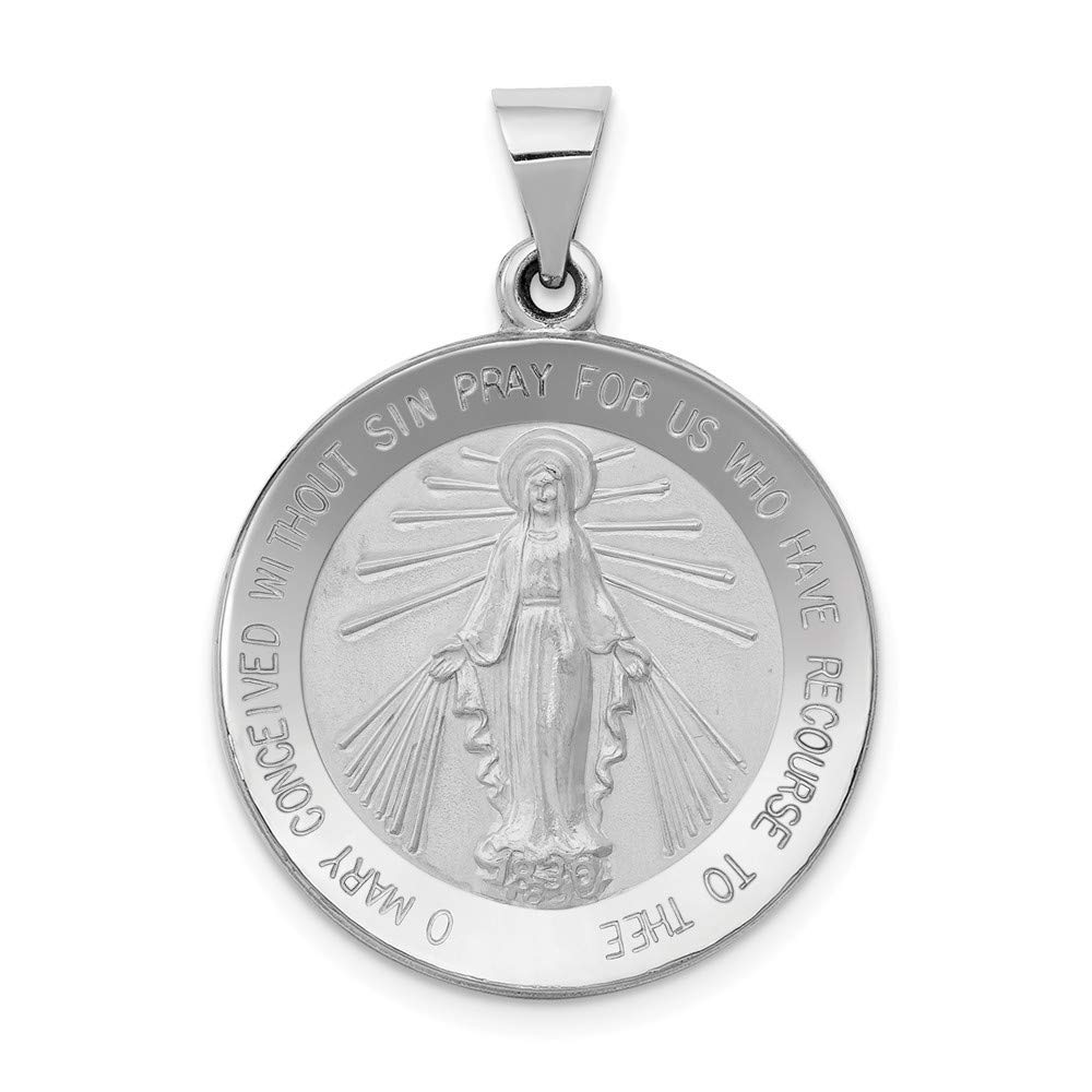 14K White Gold Hollow Polished and Satin Miraculous Medal Pendant Necklace for Women - Elegant Religious Jewelry Gift for Baptism, First Communion & Everyday Wear