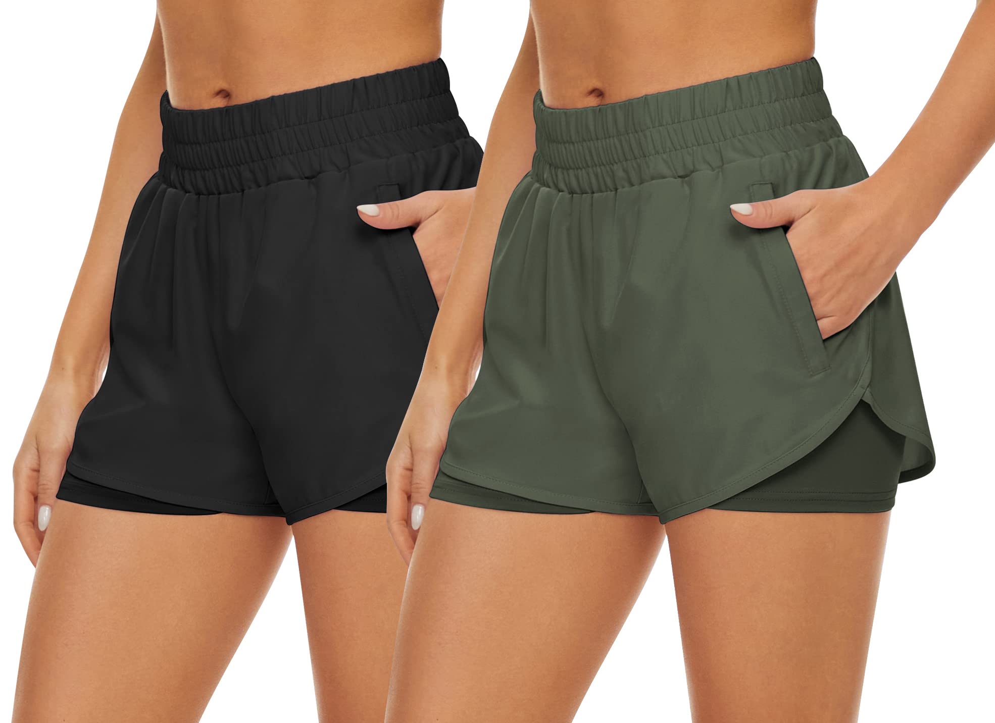 HKJIEVSHOP 2 Pack Women's High Waisted Athletic Shorts - Quick Dry Running Shorts with Pockets for Workout, Gym & Sports | Perfect for Yoga, Jogging & Summer Outdoor Activities