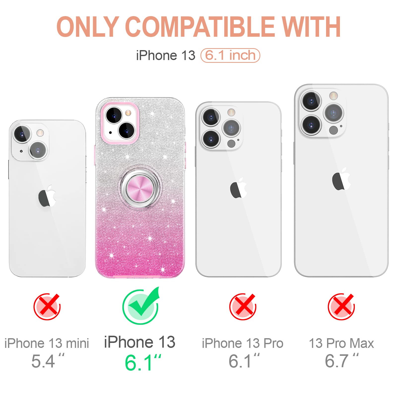 Hython Magnetic Phone Case for iPhone 13 with 360° Rotatable Ring Stand & Kickstand - Glitter Bling Sparkle Hybrid Slim Protective Cover for Women (Pink) | Perfect for Car Mounting, Hands-Free Viewing & Everyday Protection