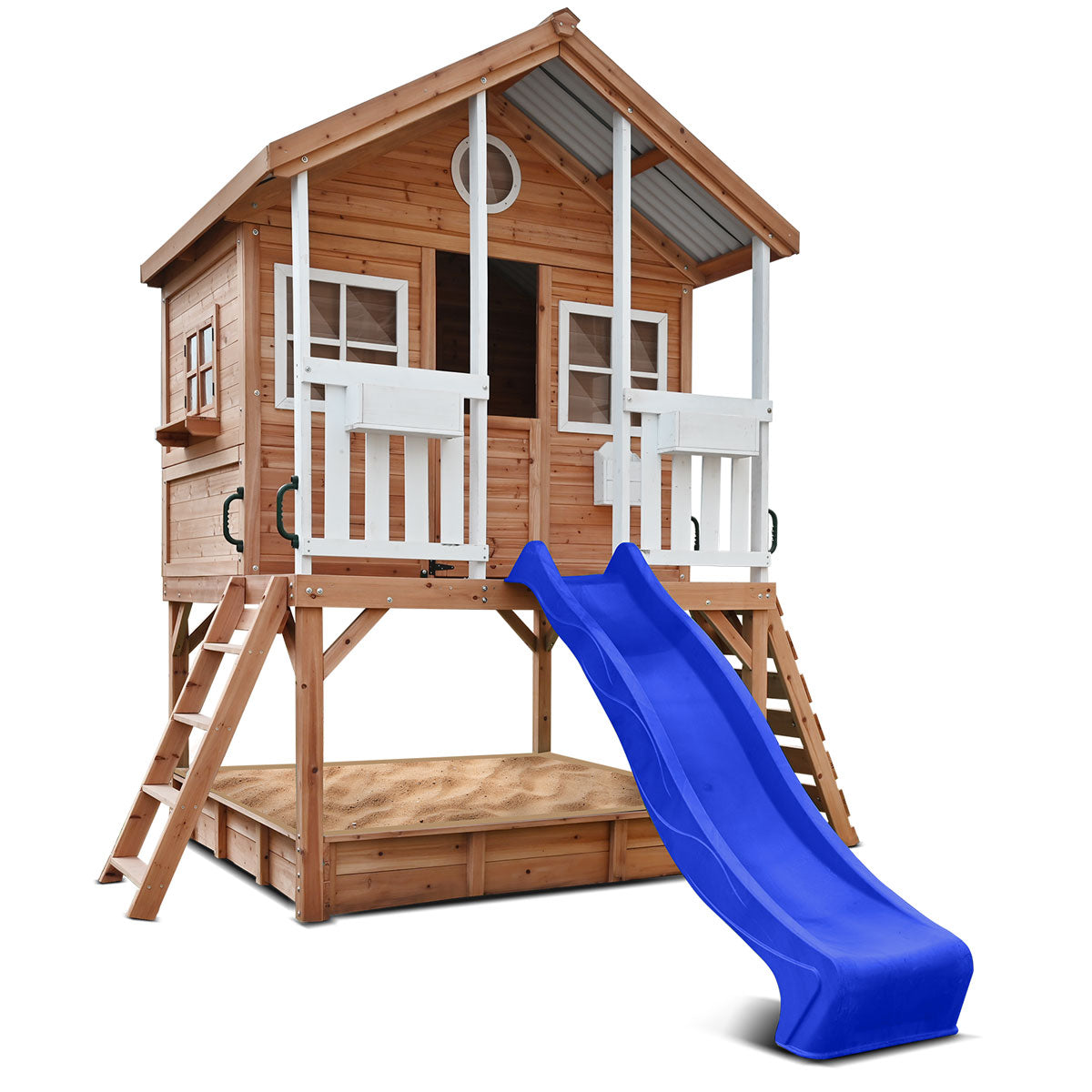 Winchester Kids Playhouse with 1.2m Elevated Platform & 2.2m Blue Slide - Outdoor Wooden Cubby House for Backyard, Garden, and Playground Fun