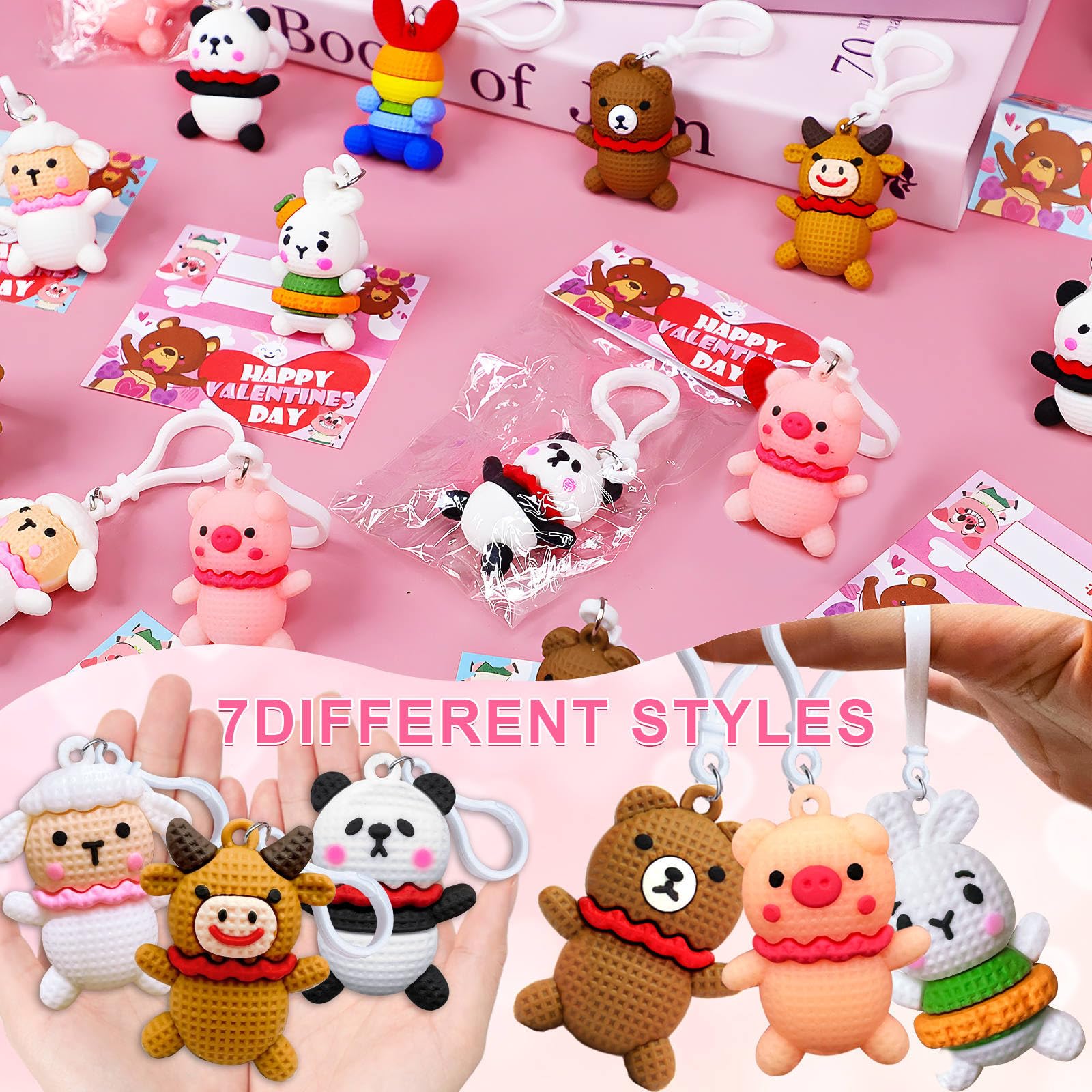 AMENON 28 Pack Valentine's Day Gifts for Kids - 7 Styles Prefilled Animal Keychain Toys with Valentine's Cards for Classroom Exchange, Party Favors (Perfect for School Valentine's Day Parties & Gift Exchanges)