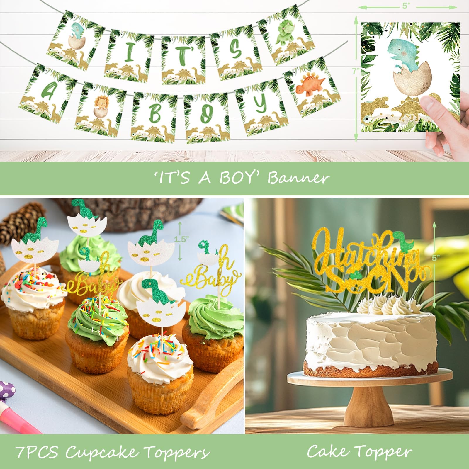 Dinosaur Baby Shower Decorations for Boys - Dino Themed Party Supplies with Backdrop, Balloon Banner, Cake Topper & Mummy Sash in Green & Gold | Perfect for Gender Reveal, First Birthday & Nursery Decor