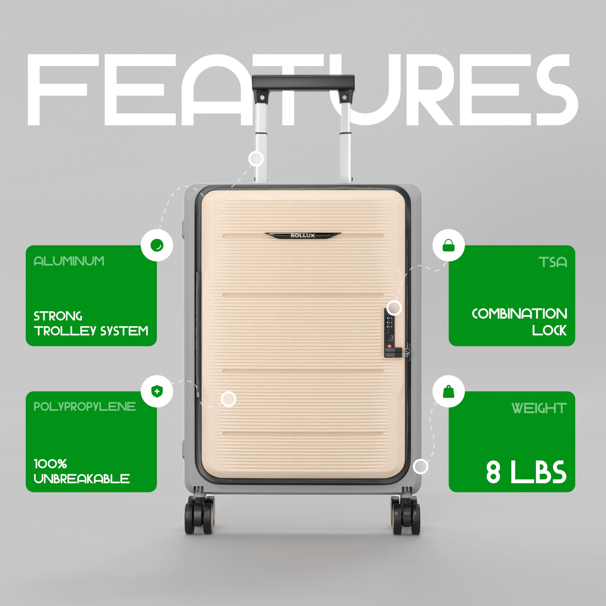 Rollux 20 Inch Collapsible Carry On Luggage with Wheels - Waterproof & Durable Hard Shell Suitcase, TSA Approved Lock, Silent 360° Spinner Wheels for Smooth Rolling - Perfect for Air Travel & Weekend Getaways (Khaki)
