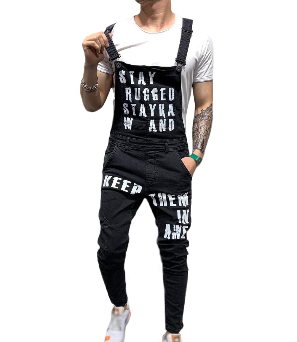 HHuiXinXue Men's Skinny Denim Jumpsuit - Trendy Letter Printed Overalls for Work & Casual Wear (Black, XXL) | Stylish Coveralls for Men, Fashionable Workwear, Comfortable Daily Outfit