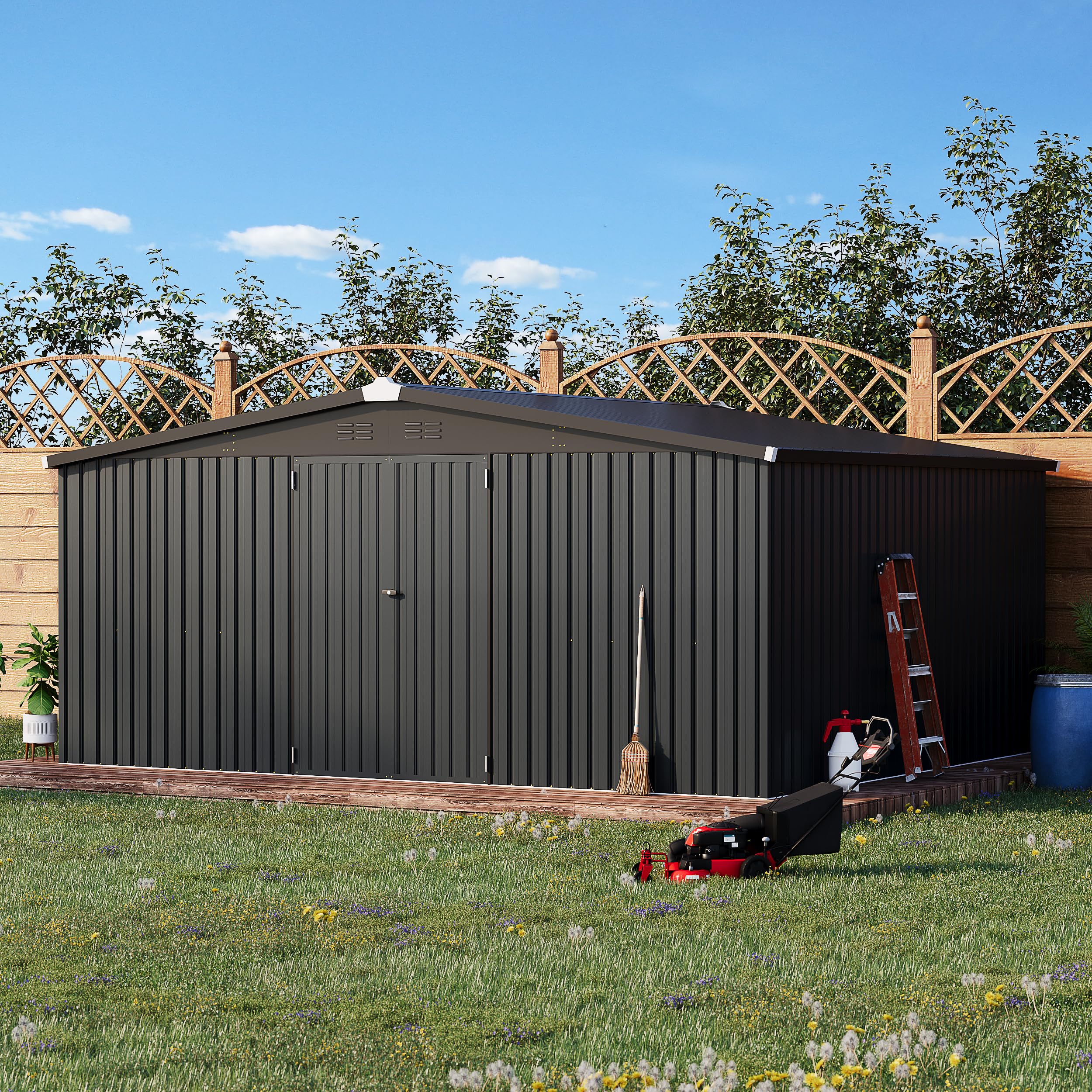 AECOJOY 14' x 12' Outdoor Metal Storage Shed - Heavy Duty Steel Utility Shed with Lockable Doors for Garden, Patio & Backyard - Weather Resistant Dark Grey Tool Shed for Lawn Equipment, Bikes & Seasonal Storage