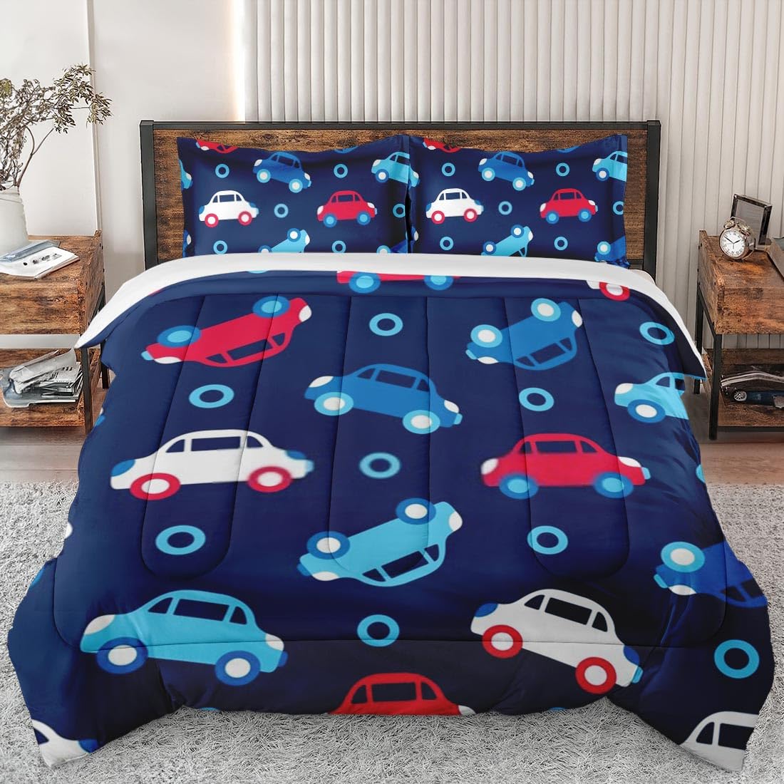 **Cars Themed Twin Size Comforter Set - Blue and Red Soft Bedding for Kids & Adults - Includes Pillowcase - Perfect for Nursery, Toddler Room & Bedroom Decor**