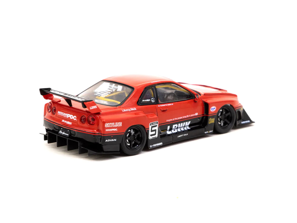 Tarmac Works 1:43 LB ER34 Super Silhouette SKYLINE #5 Diecast Model Car - Red & Black Racing Collectible for Display & Racing Enthusiasts