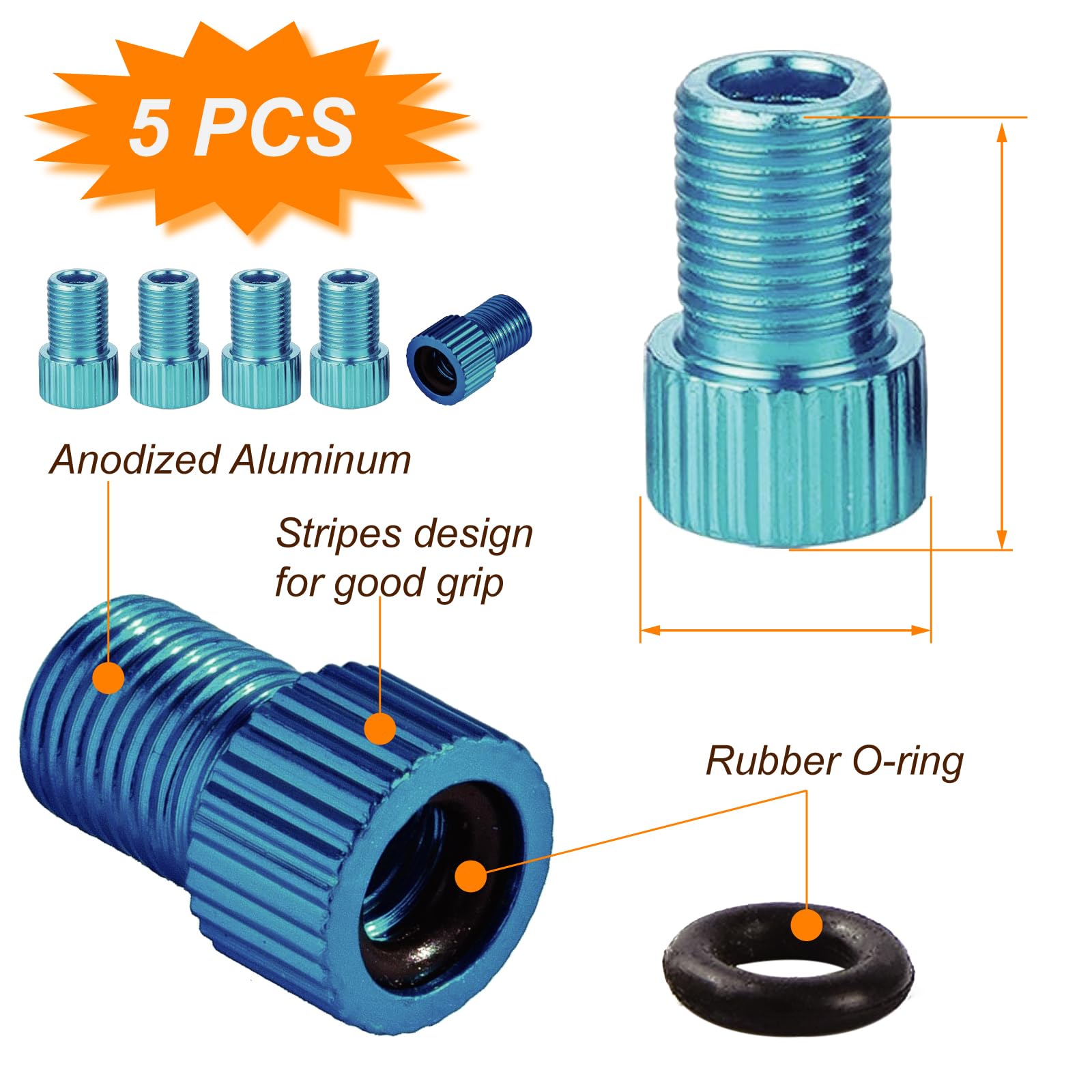 VANSIHO 5-Pack Aluminum Presta to Schrader Valve Adapter - Bike & Car Tire Pump Converter for Air Compressor Tools (Cyan) - Perfect for Cycling, Road Trips & Emergency Tire Inflation