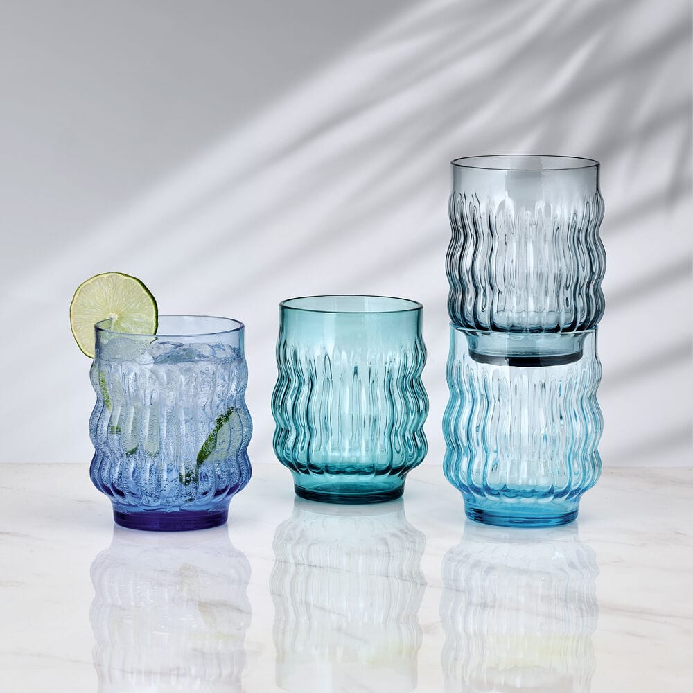 Set of 4 Blue Waves Stackable Double Old Fashioned Glasses - Perfect for Cocktails, Whiskey & Home Bar Decor