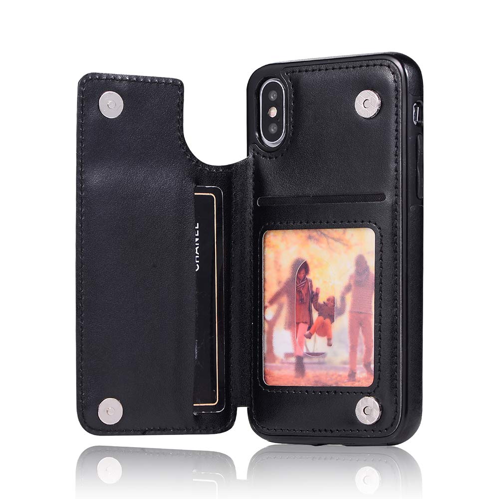 Premium Leather Wallet Phone Case for iPhone X/Xs/10 with Tempered Glass Screen Protector - Card Holder & Stand Cover for Women & Men (Black) - Perfect for Work, Travel & Everyday Use