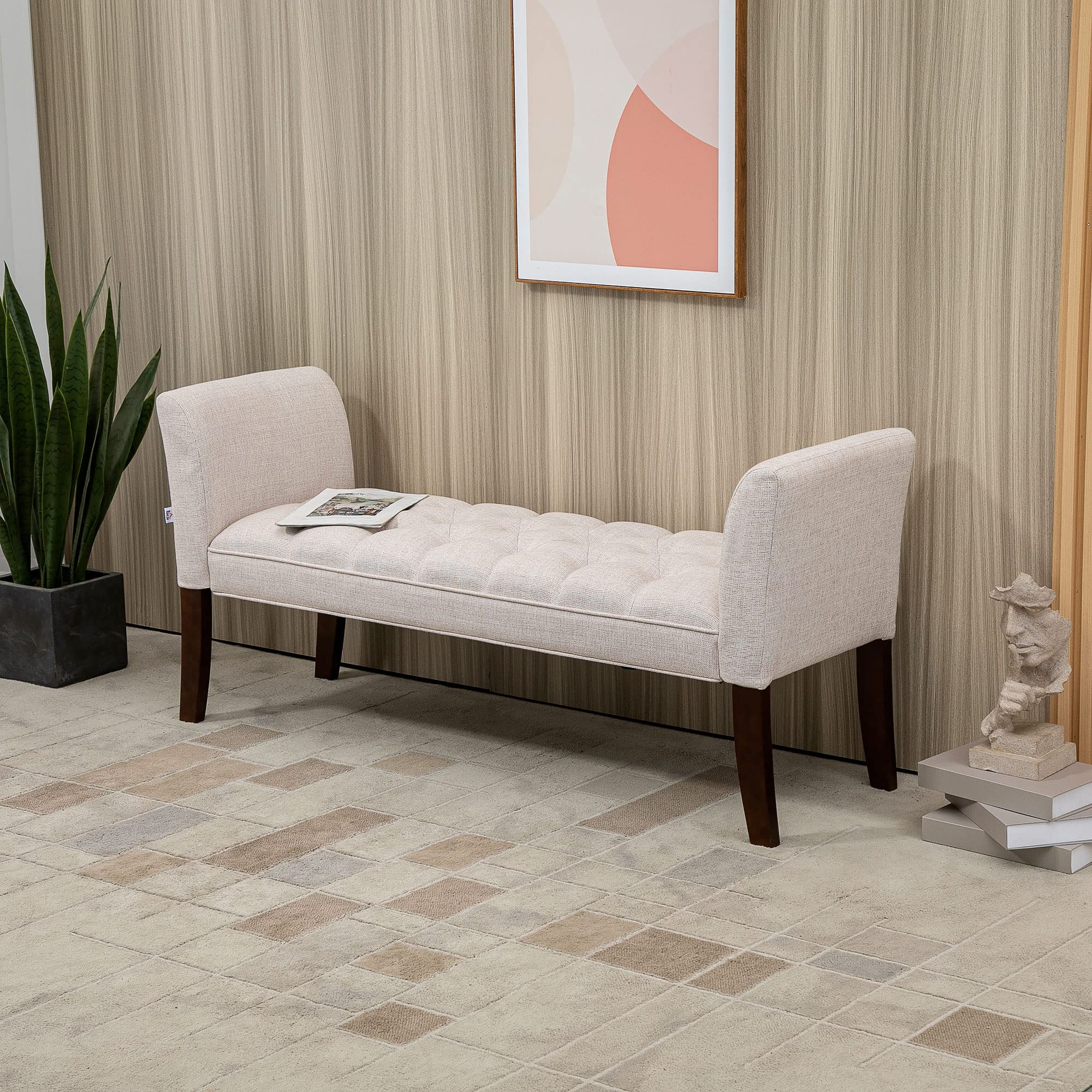 HOMCOM Tufted Upholstered Bed Bench with Arms & Solid Wood Legs - Stylish End of Bed or Entryway Seating for Bedroom, Living Room & Hallway - Beige