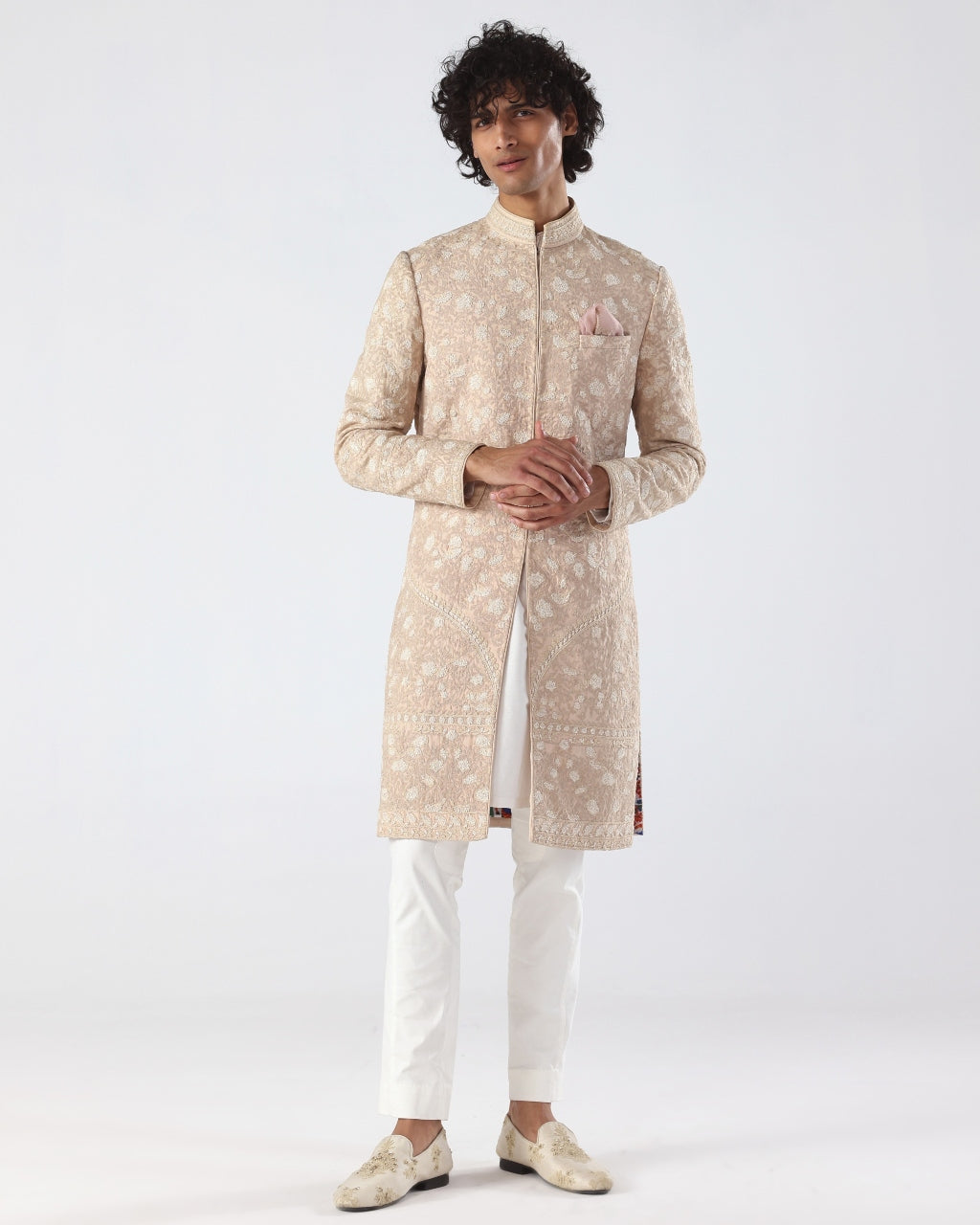 Elegant Beige & Pink Thread Embroidered Sherwani for Men | Traditional Indian Wedding Attire | Perfect for Weddings, Festivals & Special Occasions