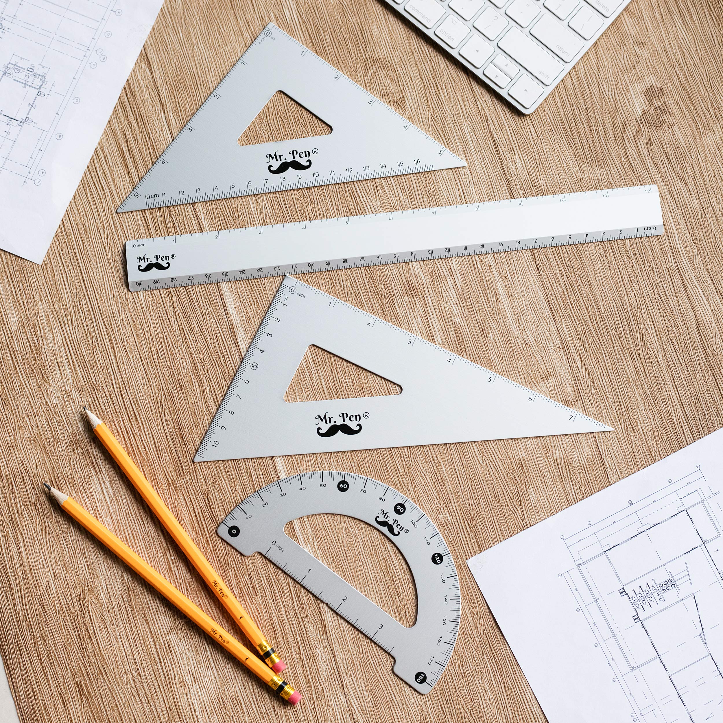Premium Metal Geometry Kit - 4-Piece Set with Square, Protractor, Aluminum Ruler & Drafting Triangles for Students, Engineers & Artists | Perfect for Math Class, Technical Drawing & Architecture Design
